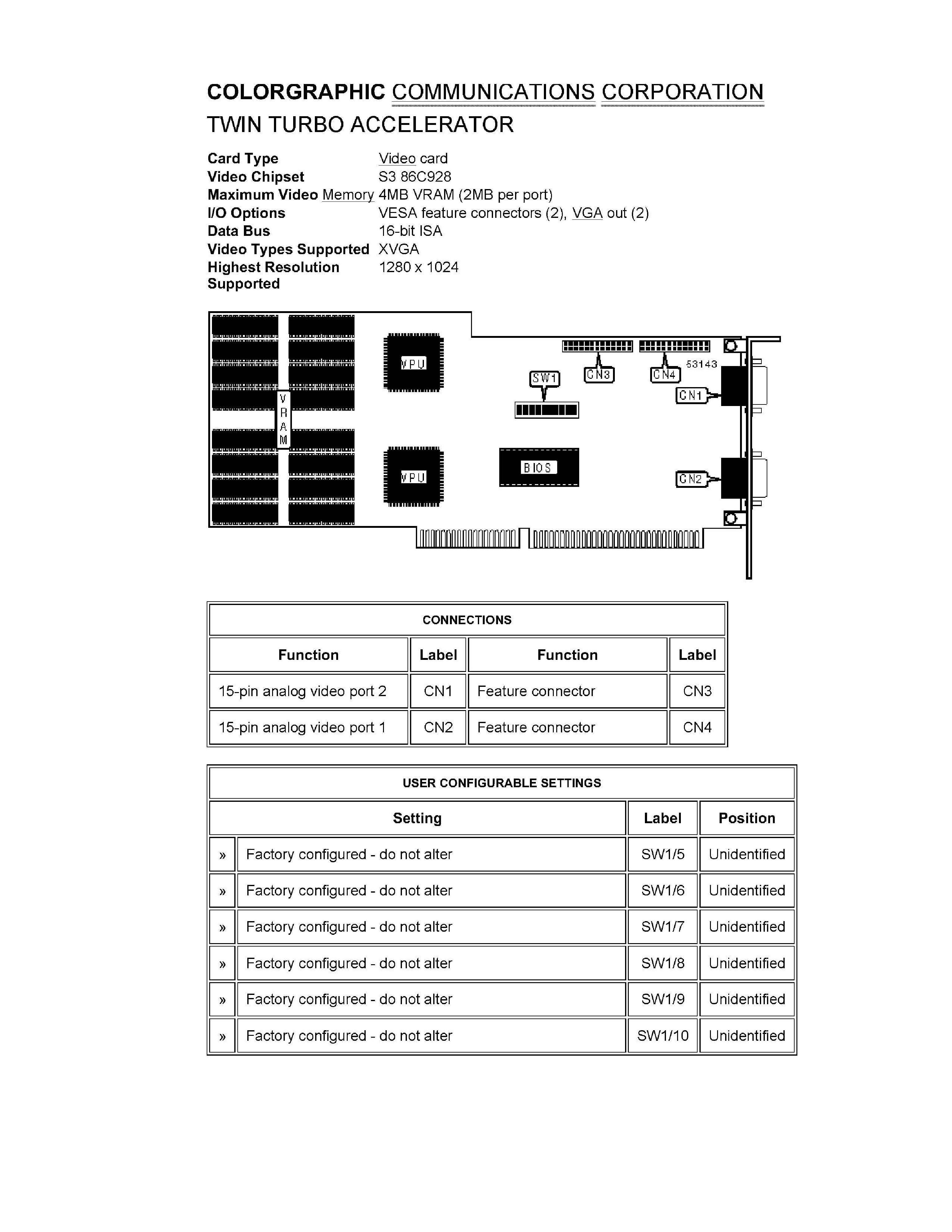 COLORGRAPHIC COMMUNICATIONS CORPORATION / HURCO 602105- REPLACEMENT ISA VMC HAWK 5M ULTIMAX III VIDEO PORT, TEXT ON LEFT, GRAPHICS RIGHT