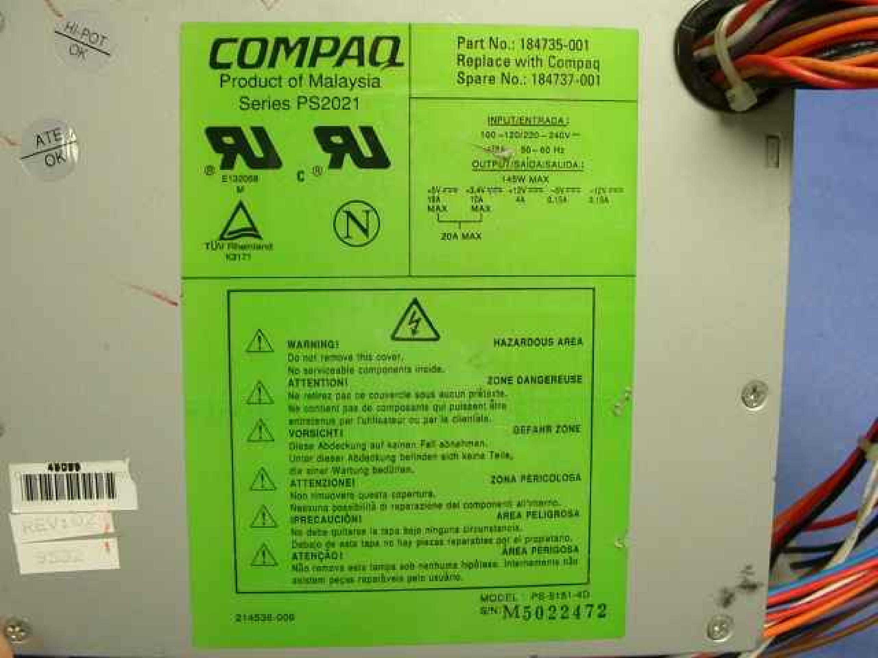 COMPAQ / HEWLETT PACKARD / HP 184737-001 POWER SUPPLY