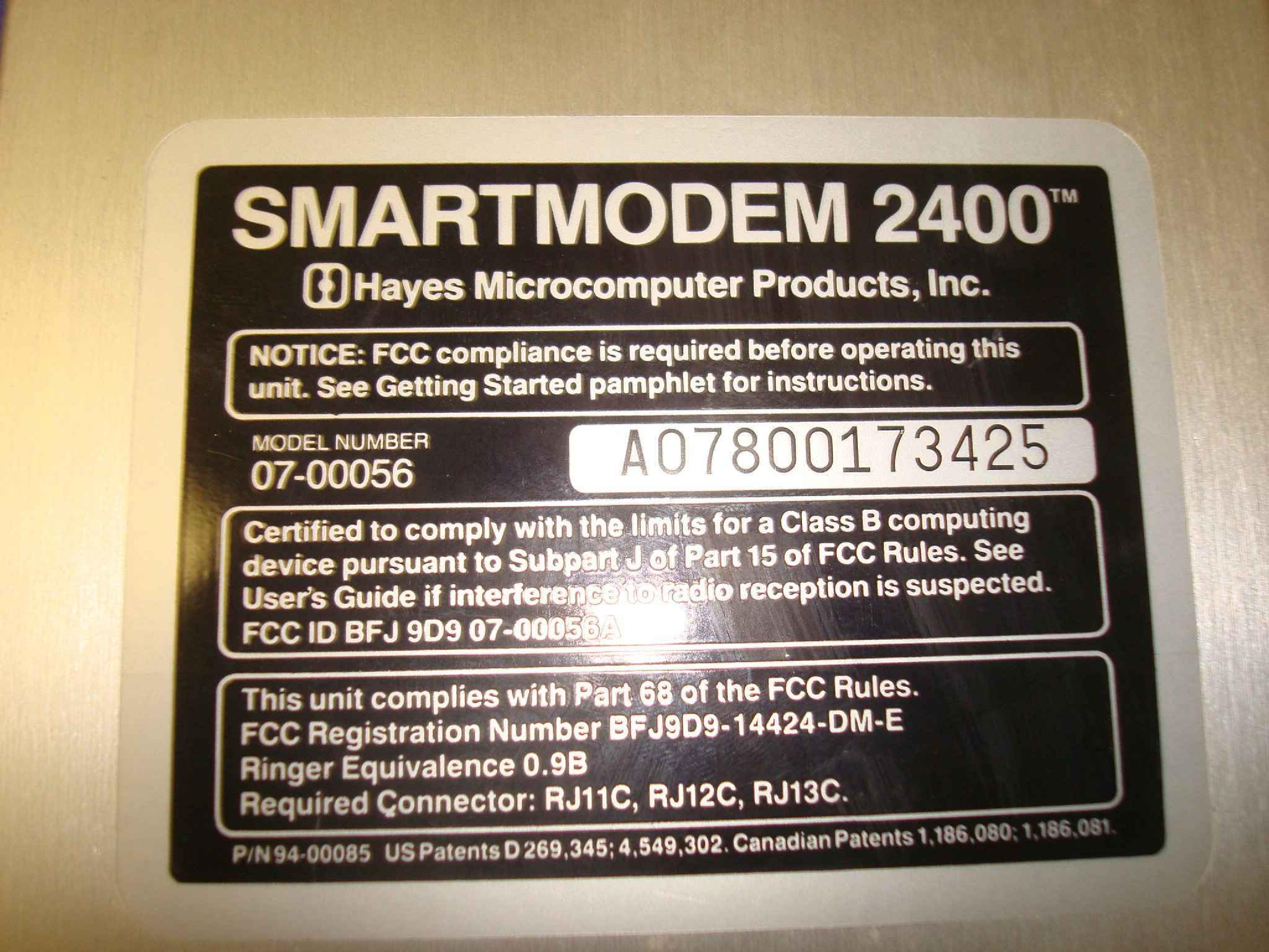 HAYES 94-00085 SMARTMODEM 2400 EXTERNAL WITH POWER SUPPLY