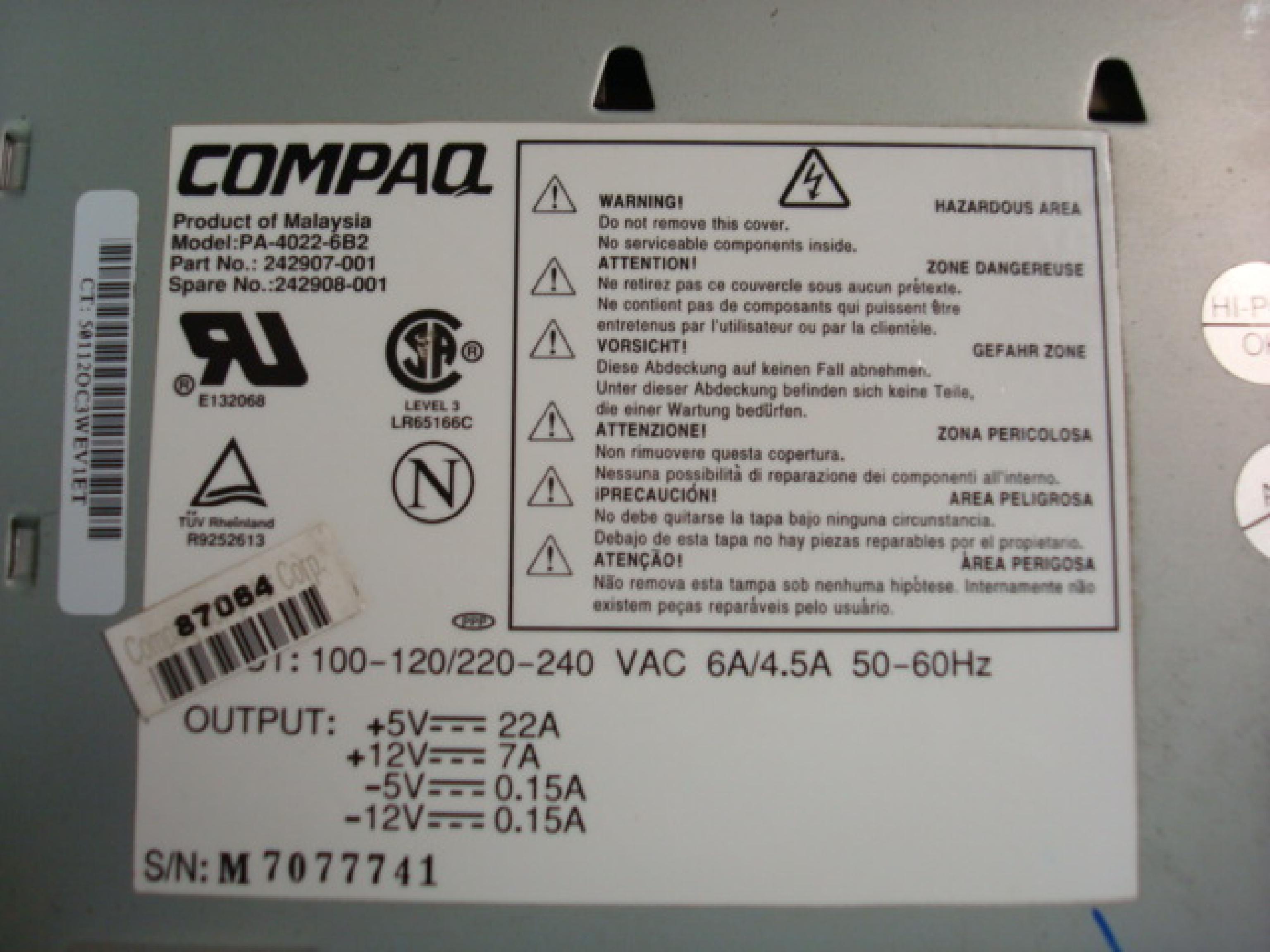 COMPAQ / HEWLETT PACKARD / HP PA-4022-6B2 AT POWER SUPPLY WITH REMOTE SWITCH