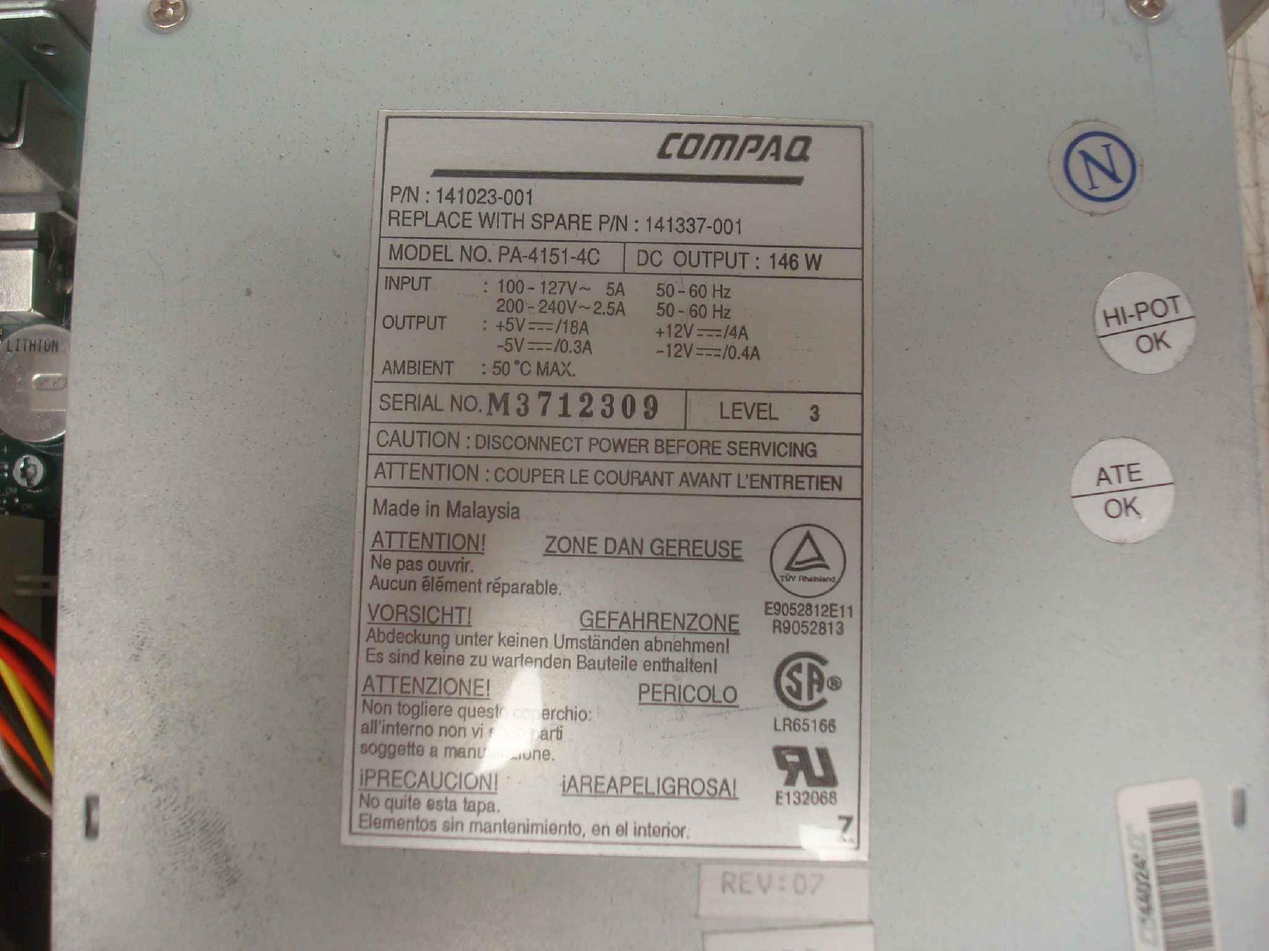 COMPAQ / HEWLETT PACKARD / HP 141337-001 POWER SUPPLY