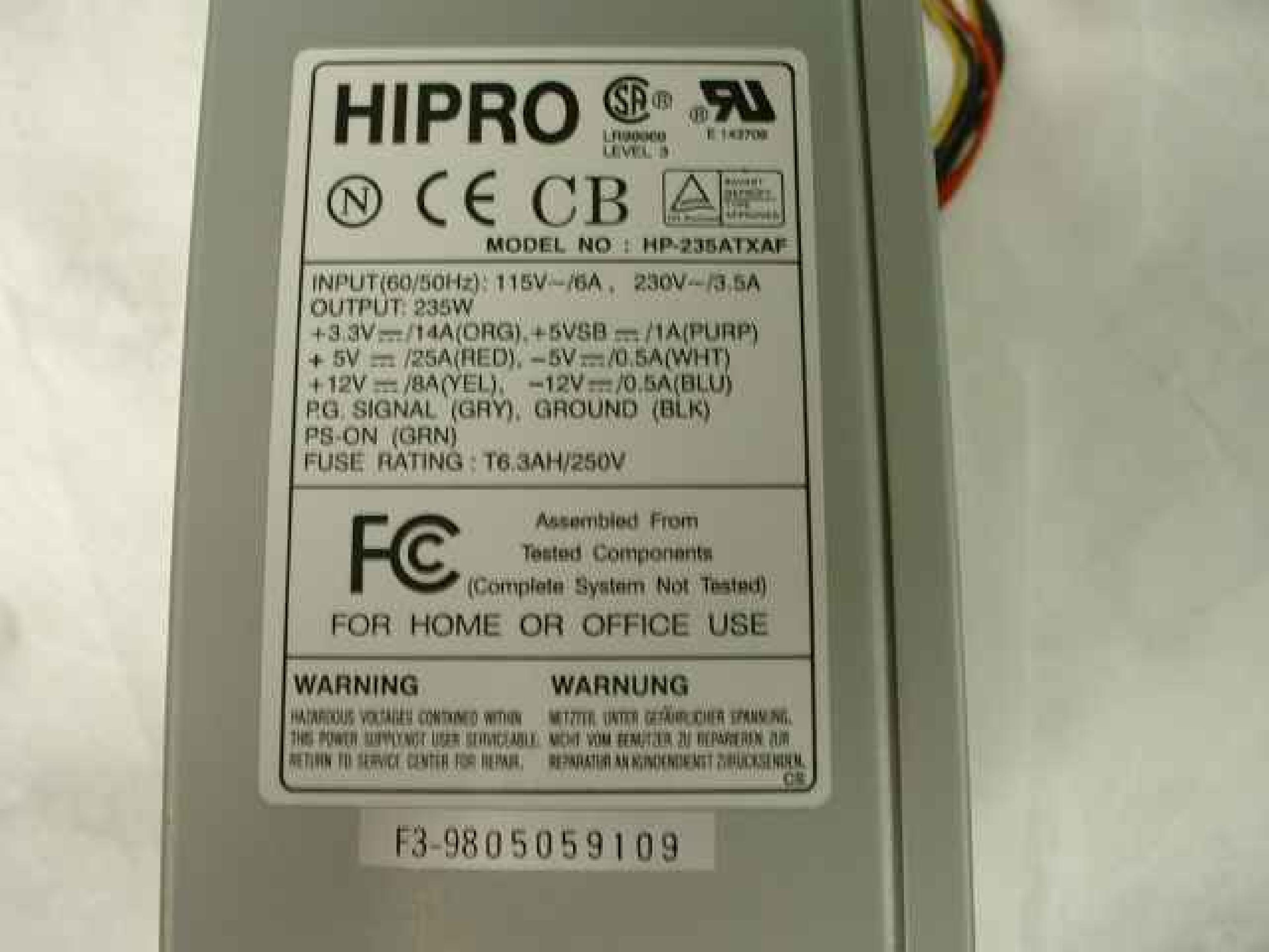 HIPRO HP-235ATXAF 235 WATT POWER SUPPLY ATX