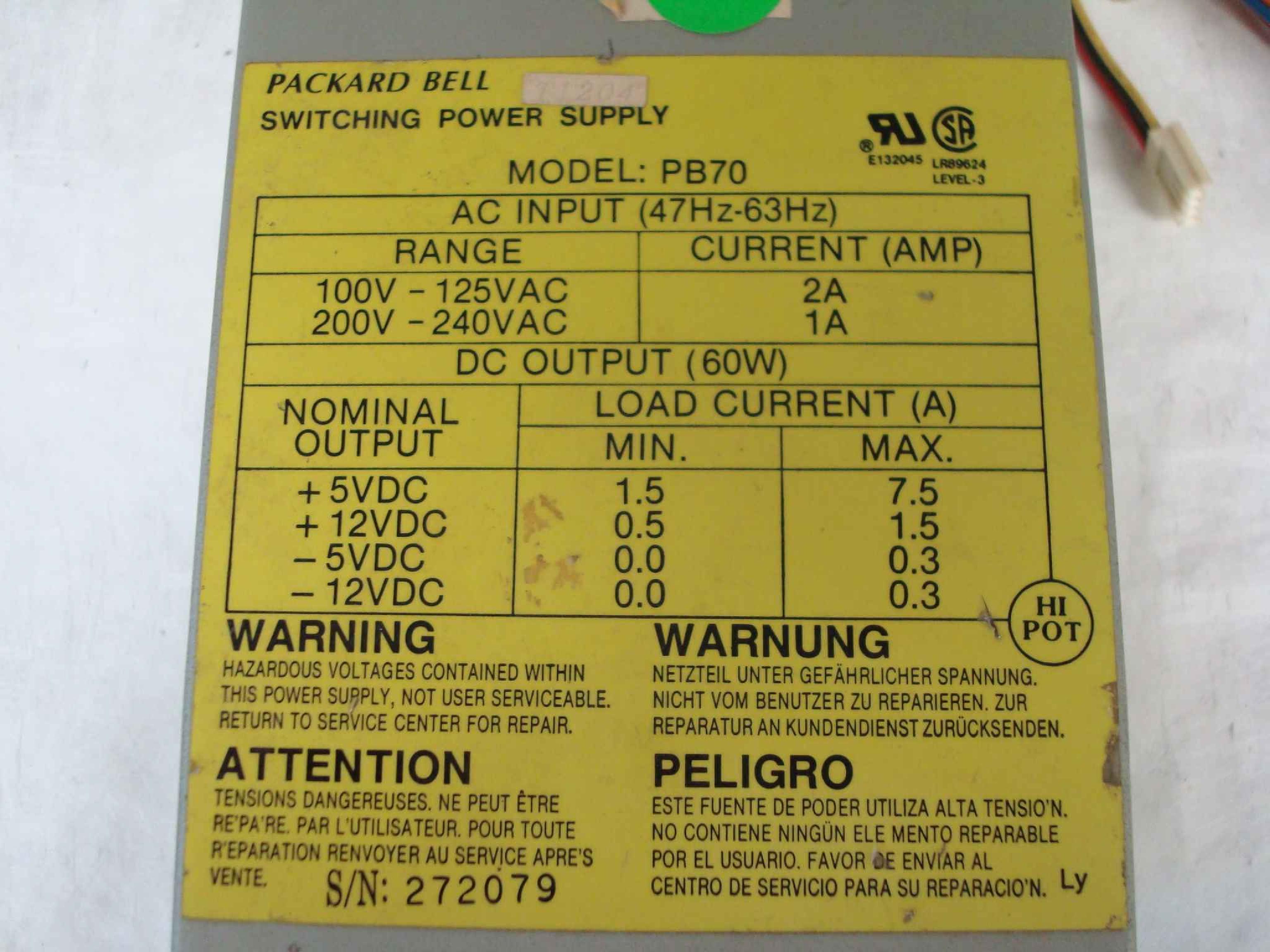 PACKARD BELL PB70 AT POWER SUPPLY