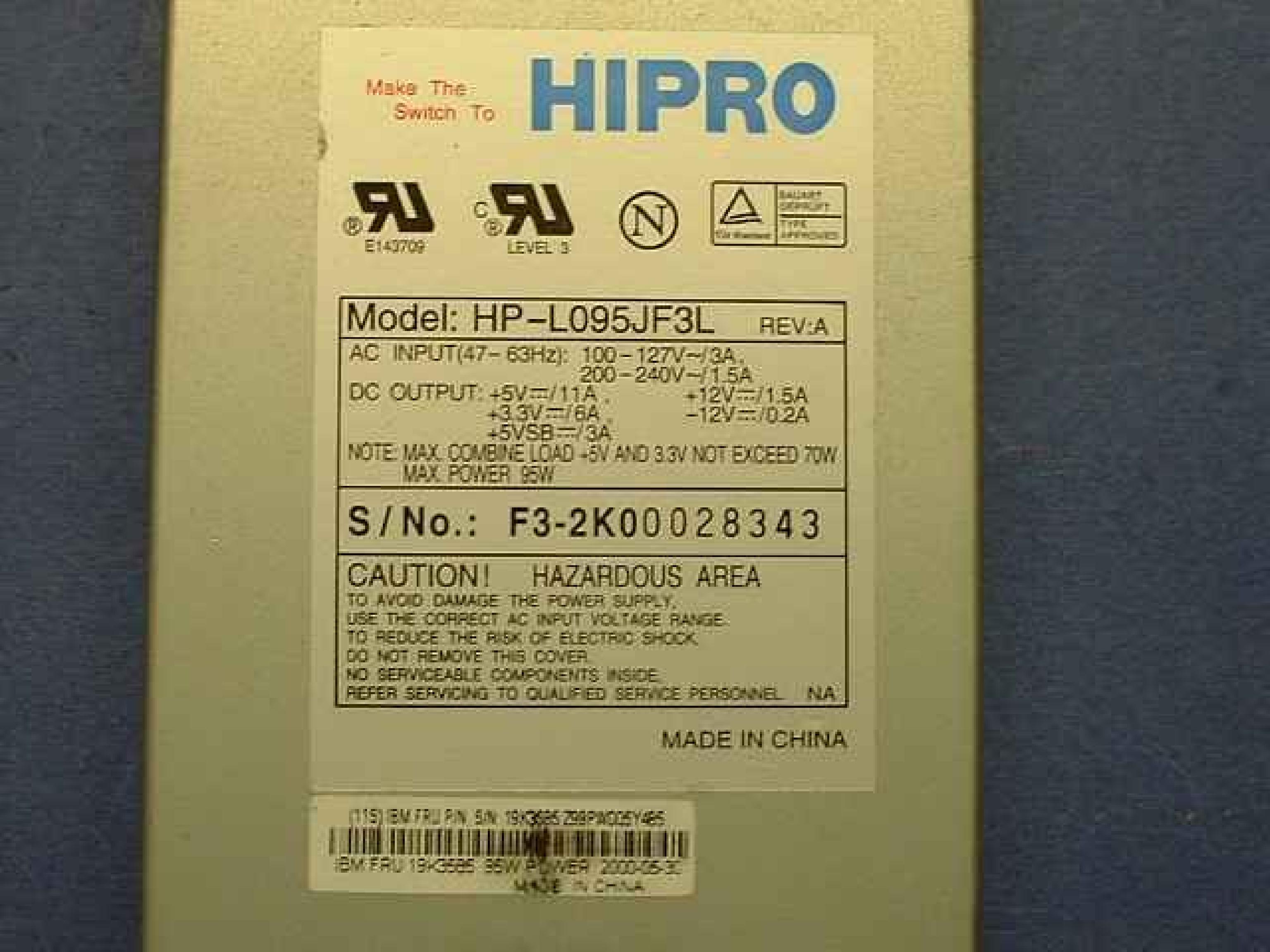 HIPRO HP-L095JF3L POWER SUPPLY ATX SIZE