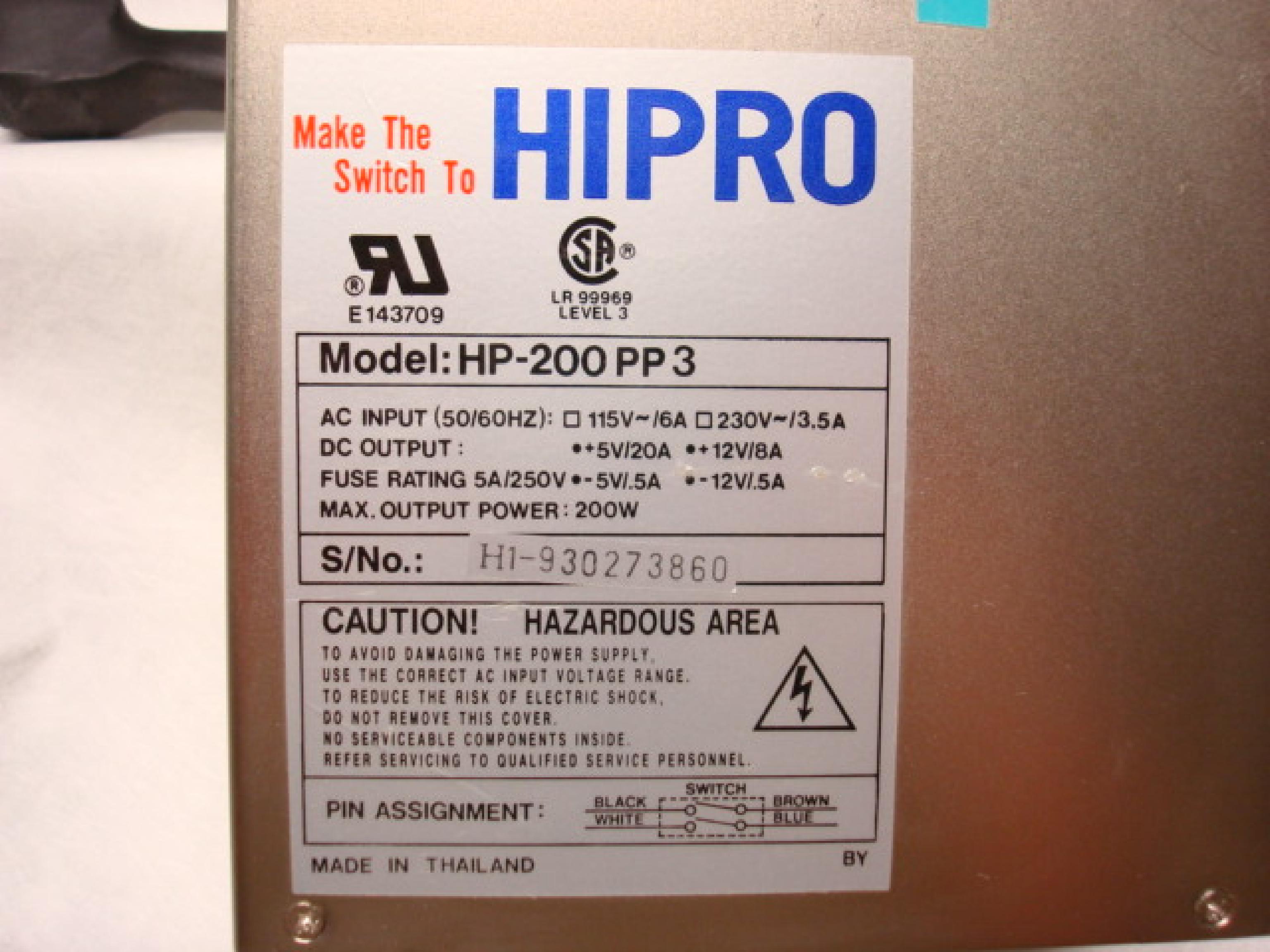 HIPRO HP-200PP3 POWER SUPPLY 200 WATTS WATT AT