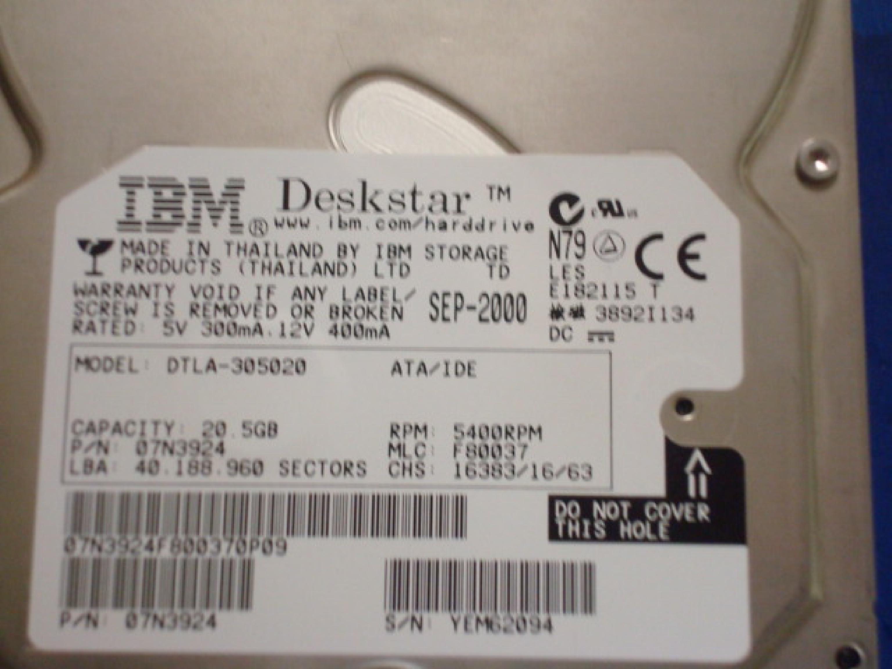 IBM 07N3924 20GB IDE DRIVE DESKSTAR 5400RPM ATA100