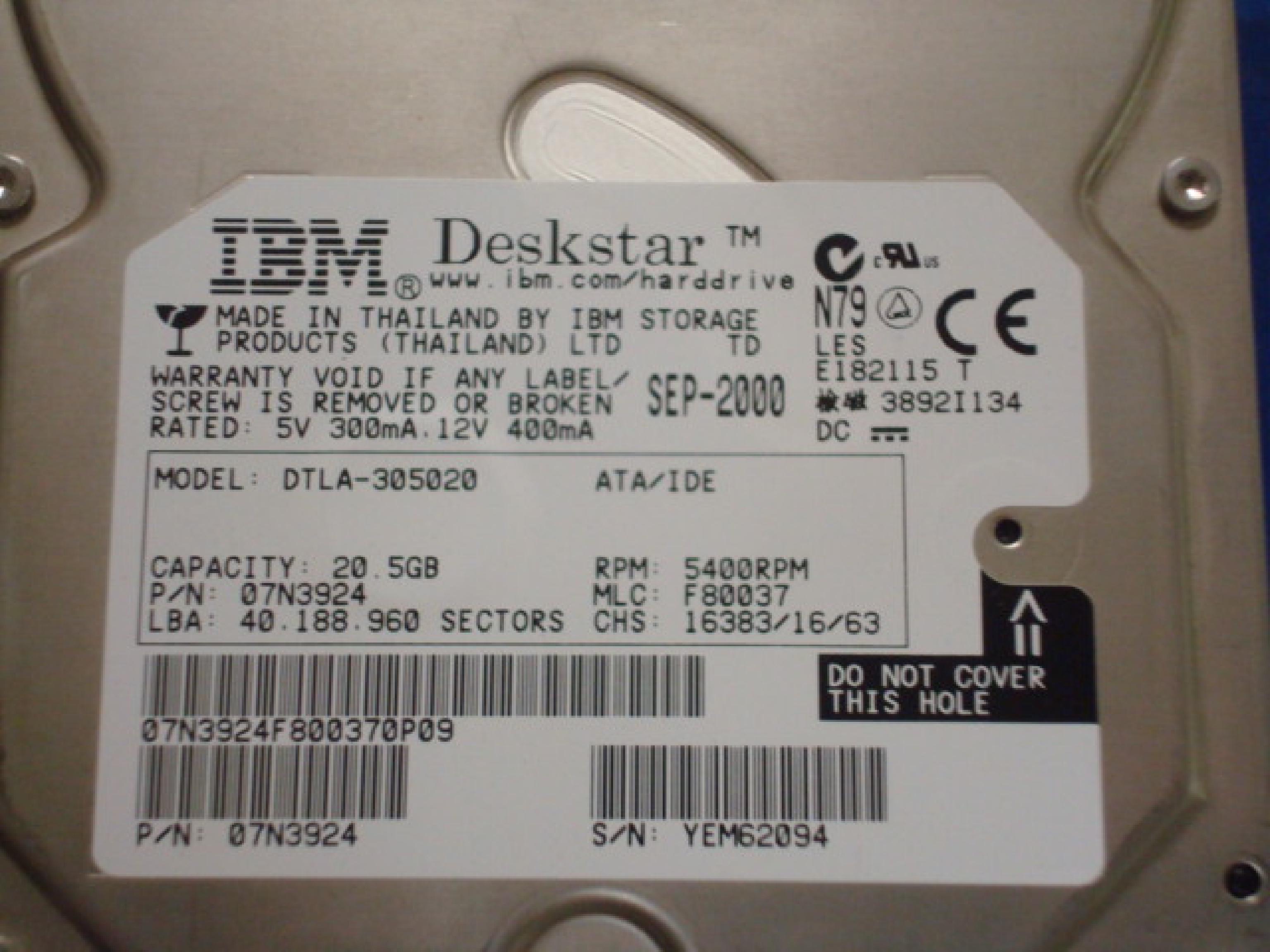 IBM 07N3924 20GB IDE DRIVE DESKSTAR 5400RPM ATA100