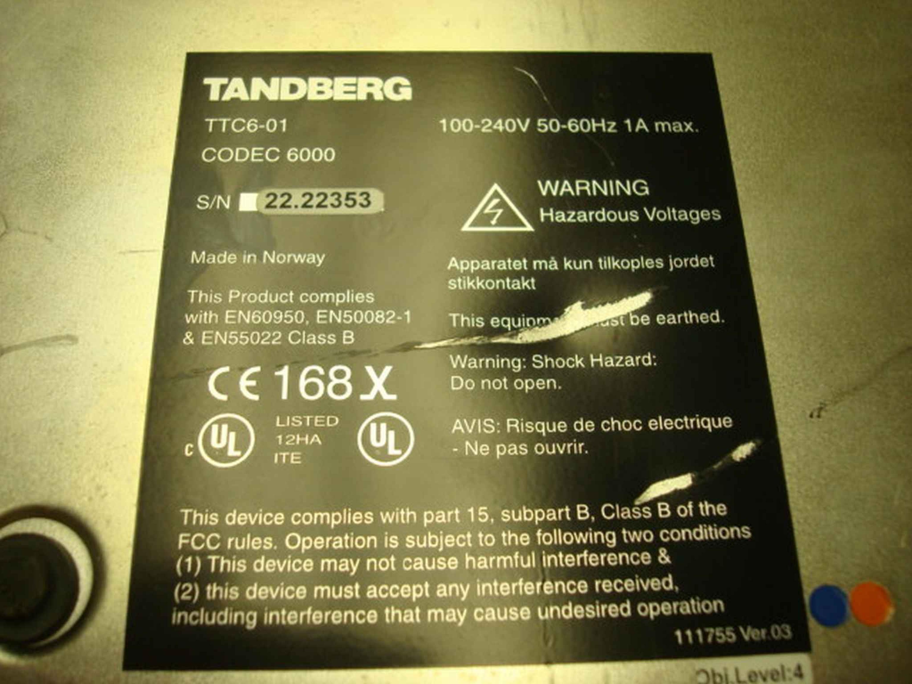 TANDBERG TTC6-01 VIDEO CONFERENCING SYSTEM CODEC 6000