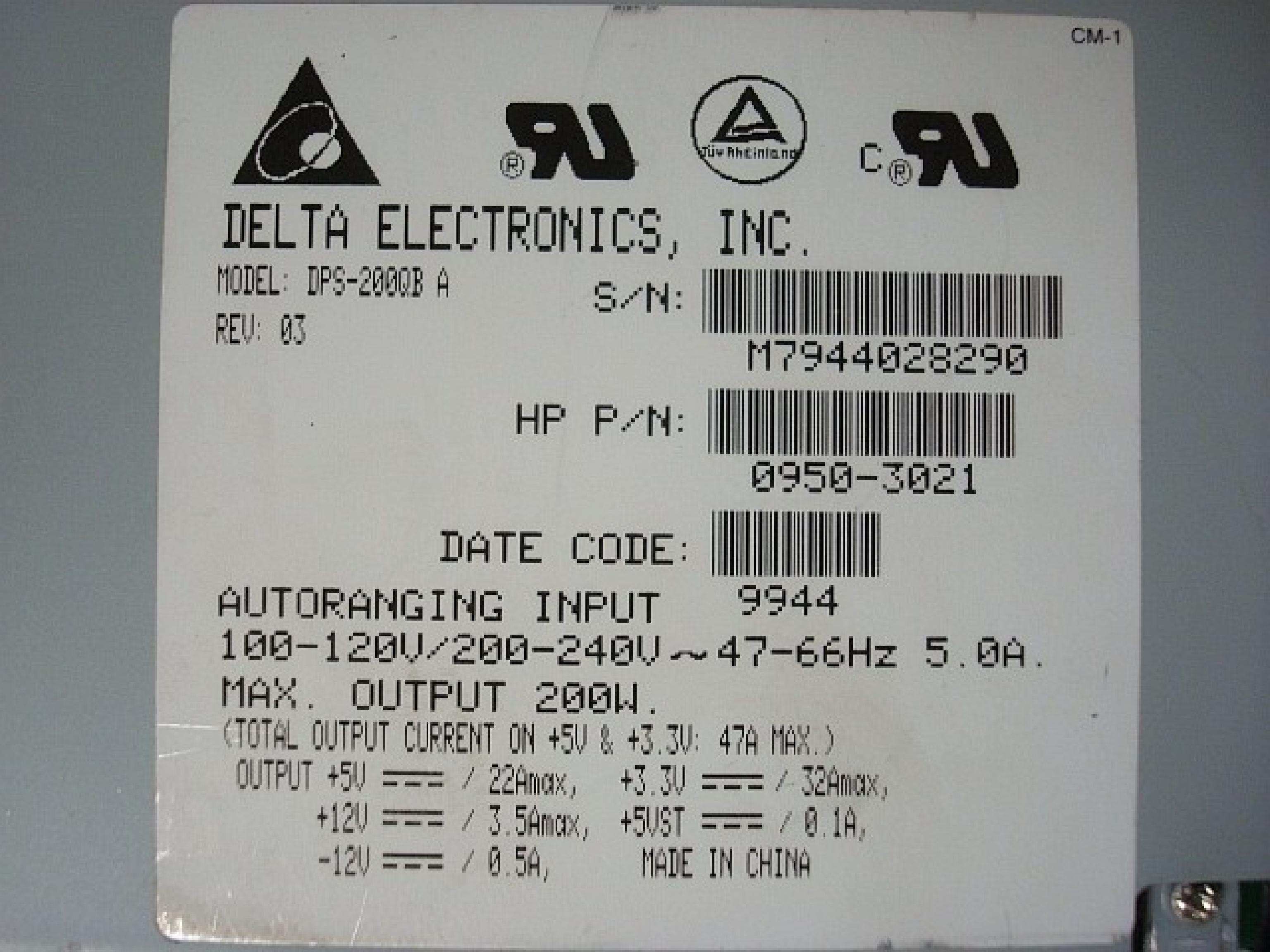 DELTA ELECTRONICS INC 0950-3021 200W POWER SUPPLY