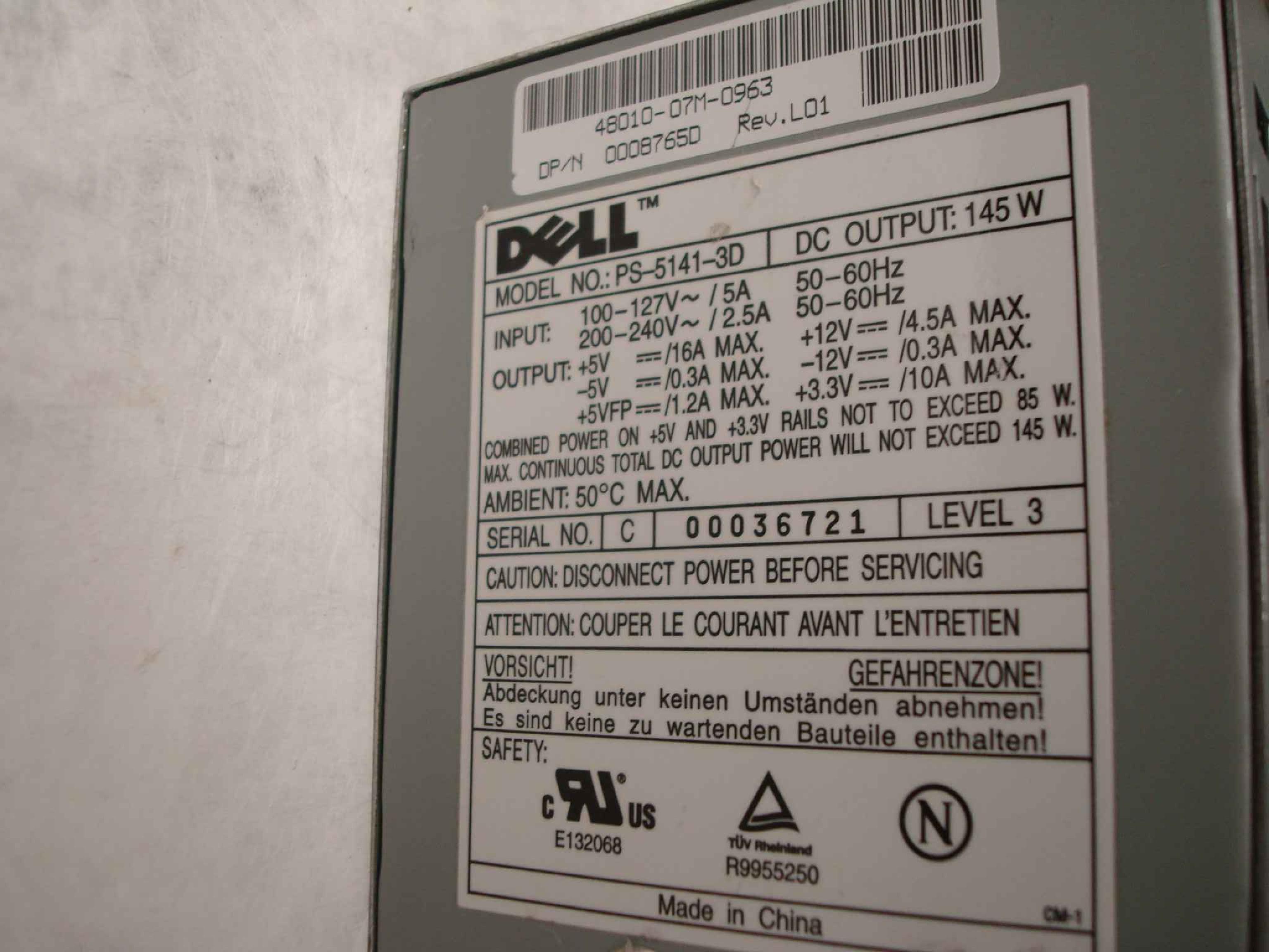 DELL / LITEON PS-5141-3D 145W POWER SUPPLY 20PIN ATX 145 WATT