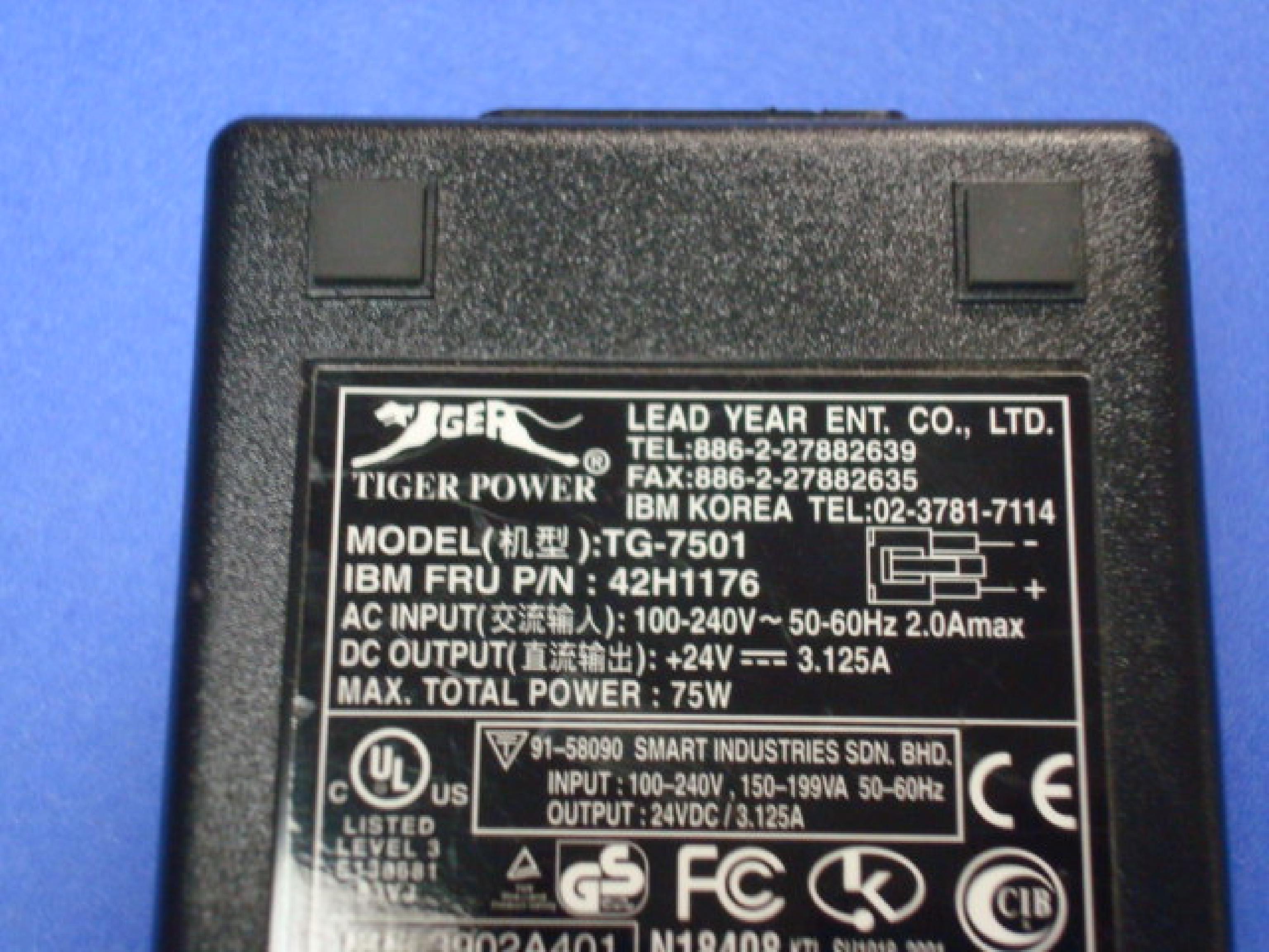 TIGER TG-7501 24V DC 3.125A AC ADAPTER WITH 3 PIN CONNECTOR