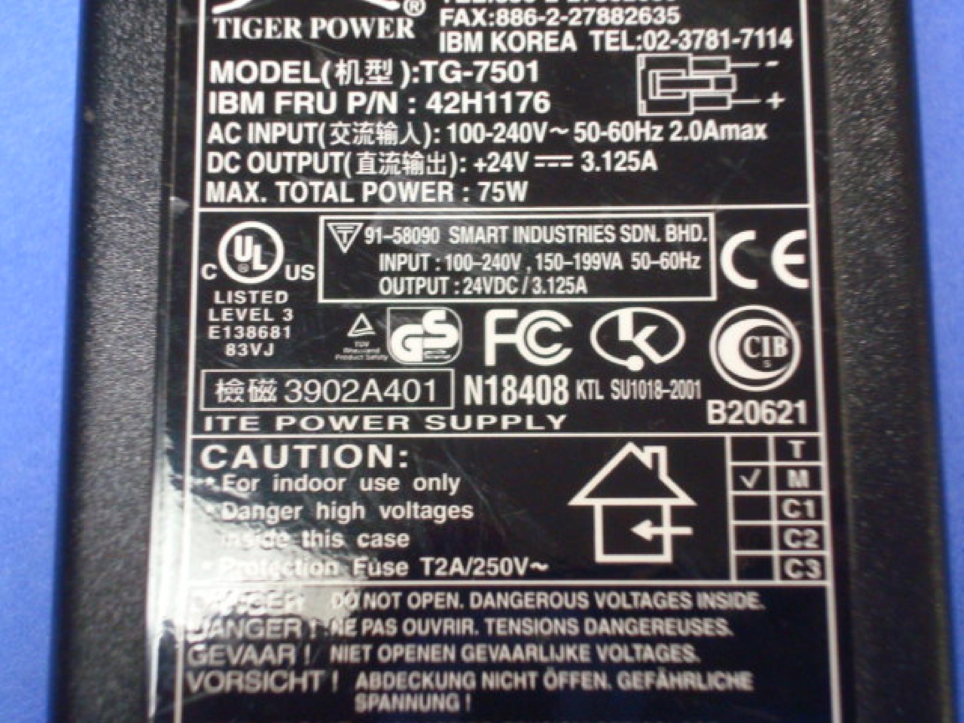 TIGER 91-58090 24V DC 3.125A AC ADAPTER WITH 3 PIN CONNECTOR