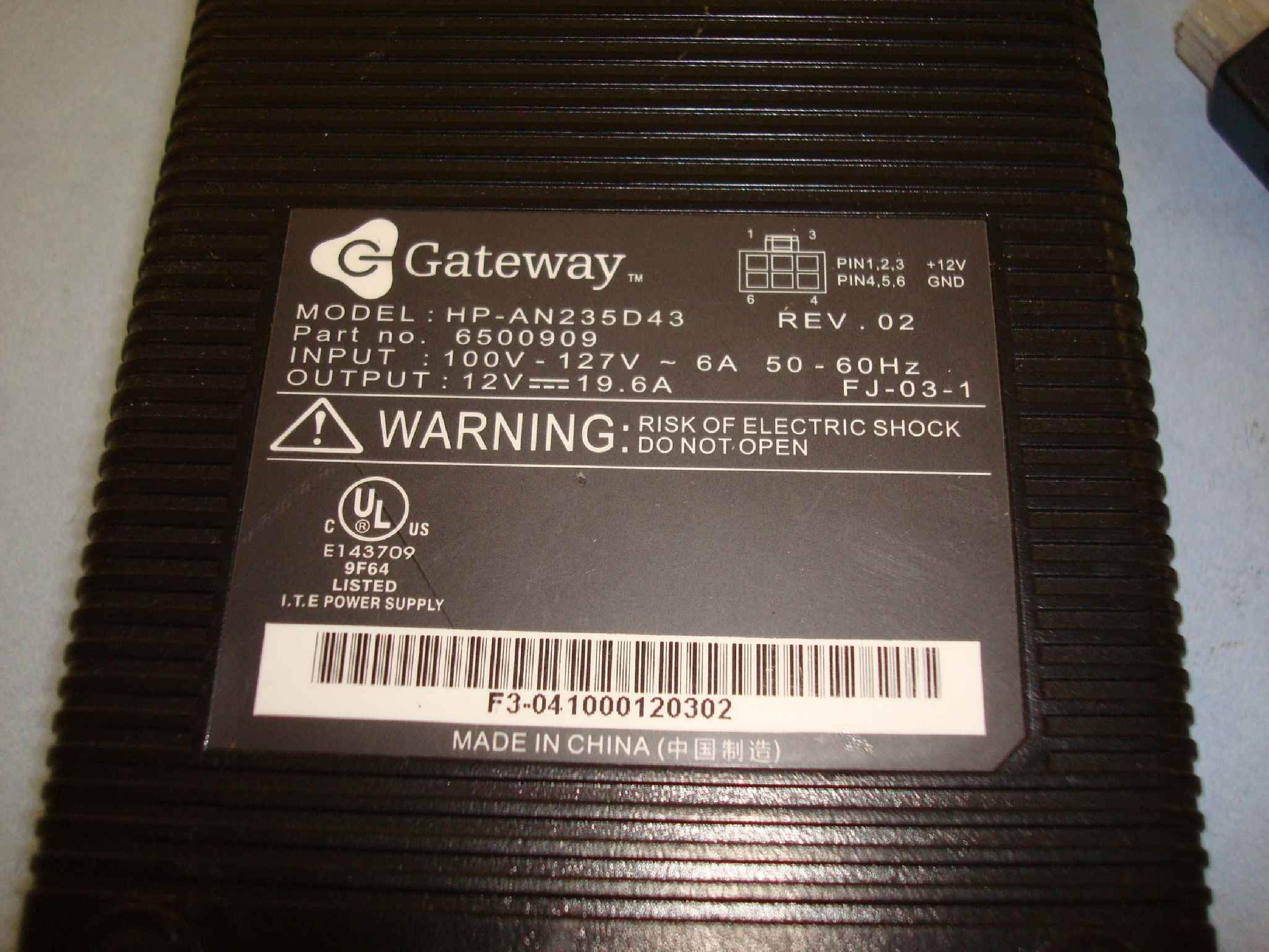 GATEWAY 2000 6500909 12V DC 19.6A AC ADAPTER WITH 6 PIN CONNECTOR