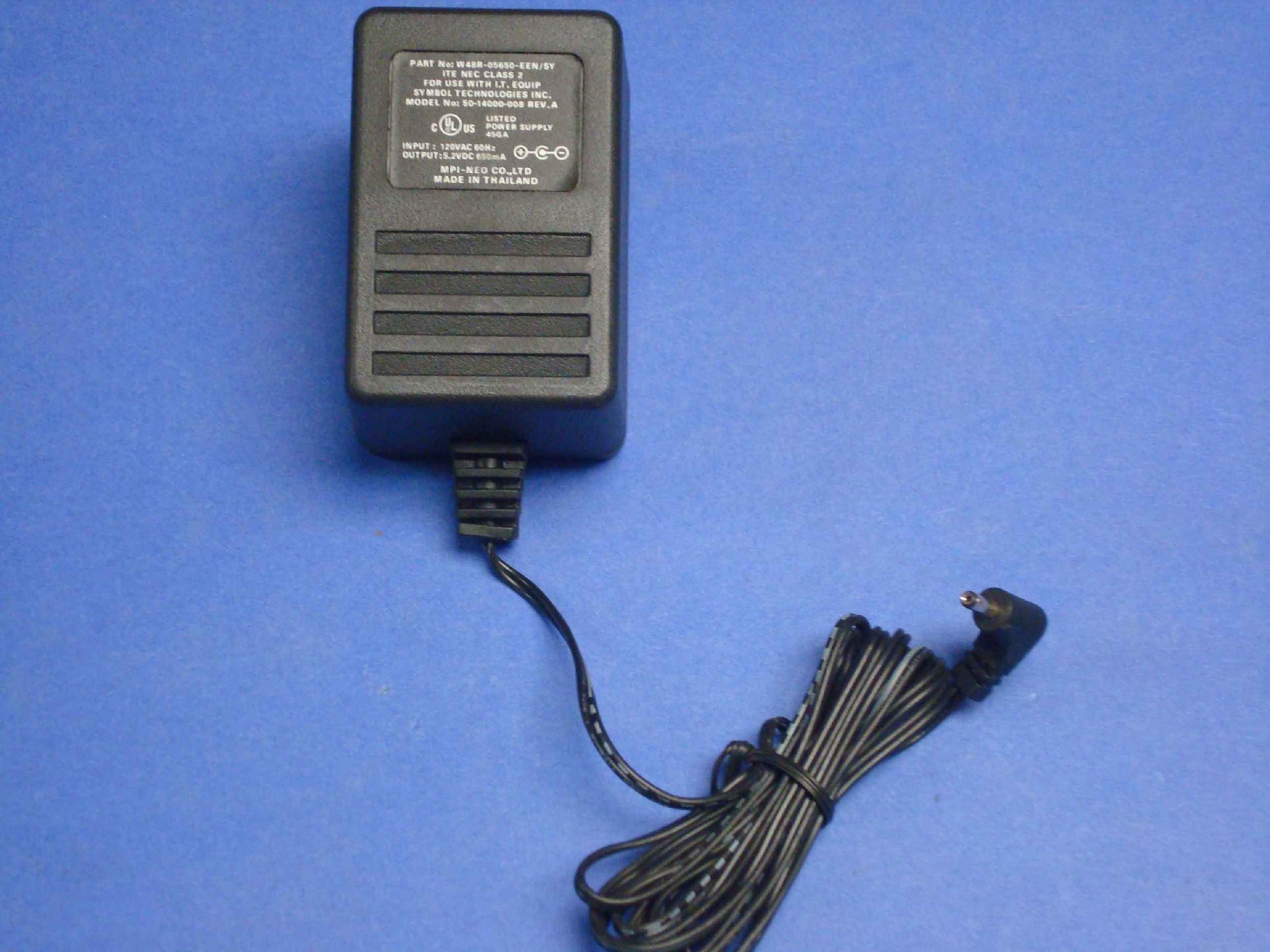 SYMBOL 50-14000-008 5.2V DC 650MA AC ADAPTER WITH BARREL CONNECTOR, OD: 3.4MM, ID: 1.23MM, POSITIVE OUTSIDE 5.2VDC 650MA, 6FT CABLE OD:3.5MM, ID:1.20MM, WALL STYLE, NEGATIVE POLE