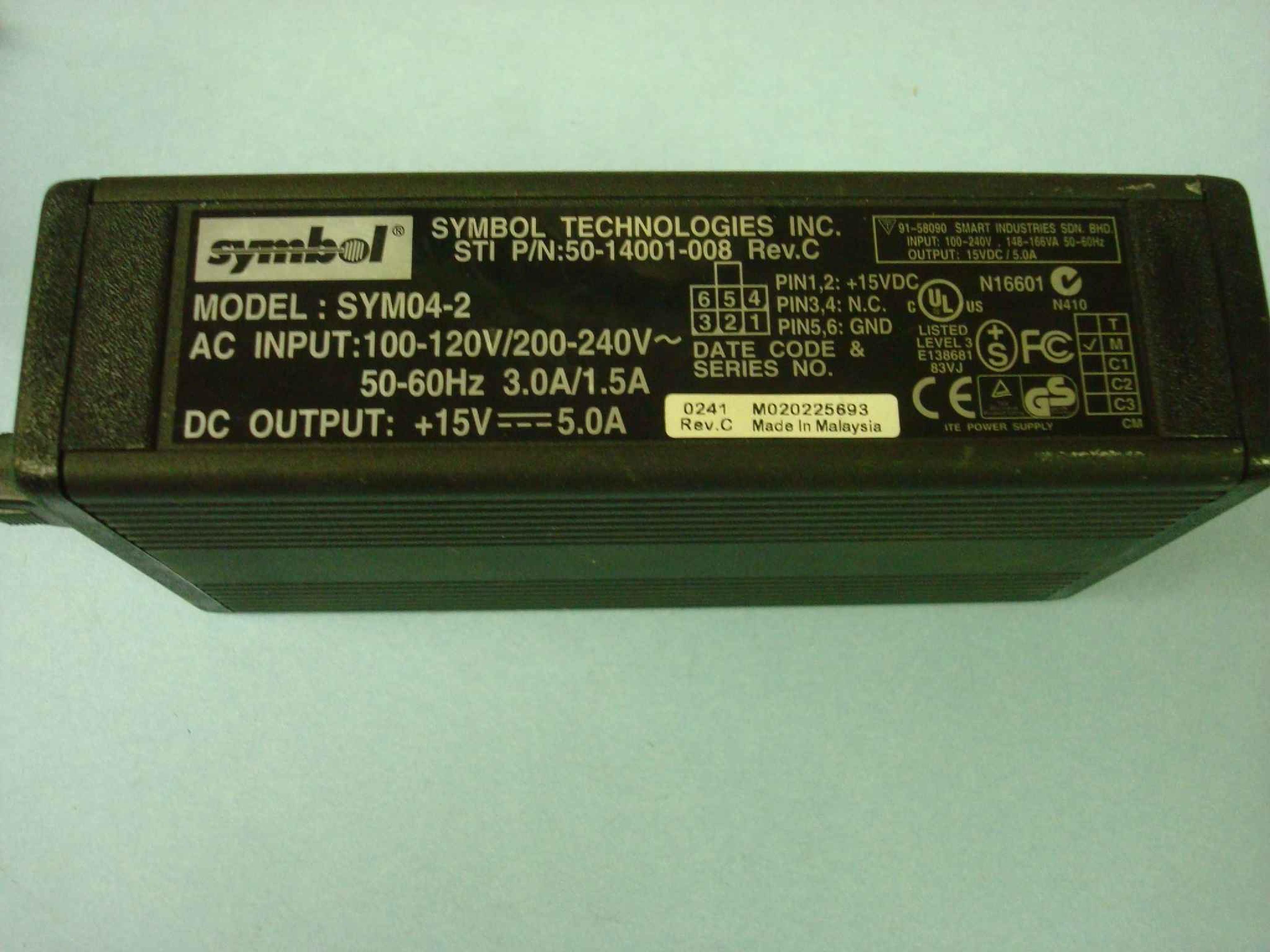 SYMBOL / SYMBOL TECHNOLOGIES 50-14001-008 15V DC 5.0A AC ADAPTER WITH 6 PIN CONNECTOR 15VDC 2X3 6PIN 6FT CABLE OD:5.5MM ID:2.4MM DESKTOP