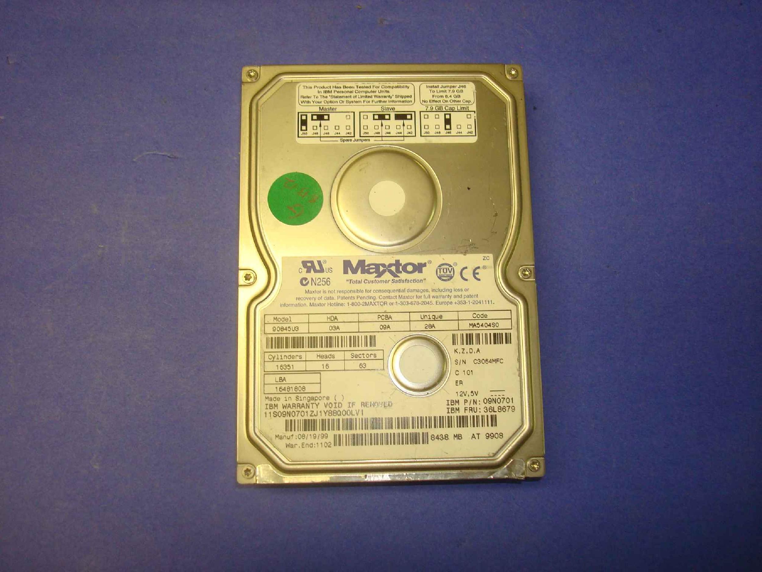 MAXTOR 90845U3 8.4GB AT 3.5 INCH HARD DRIVE