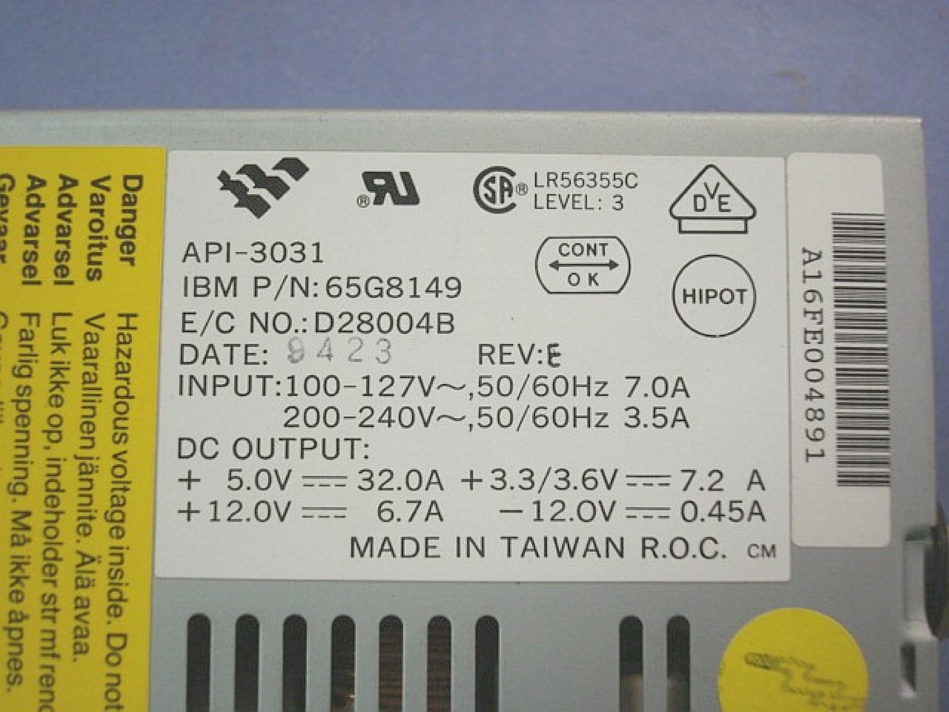 IBM API-3031 POWER SUPPLY PULLED FROM RS6000 7009-26-05103