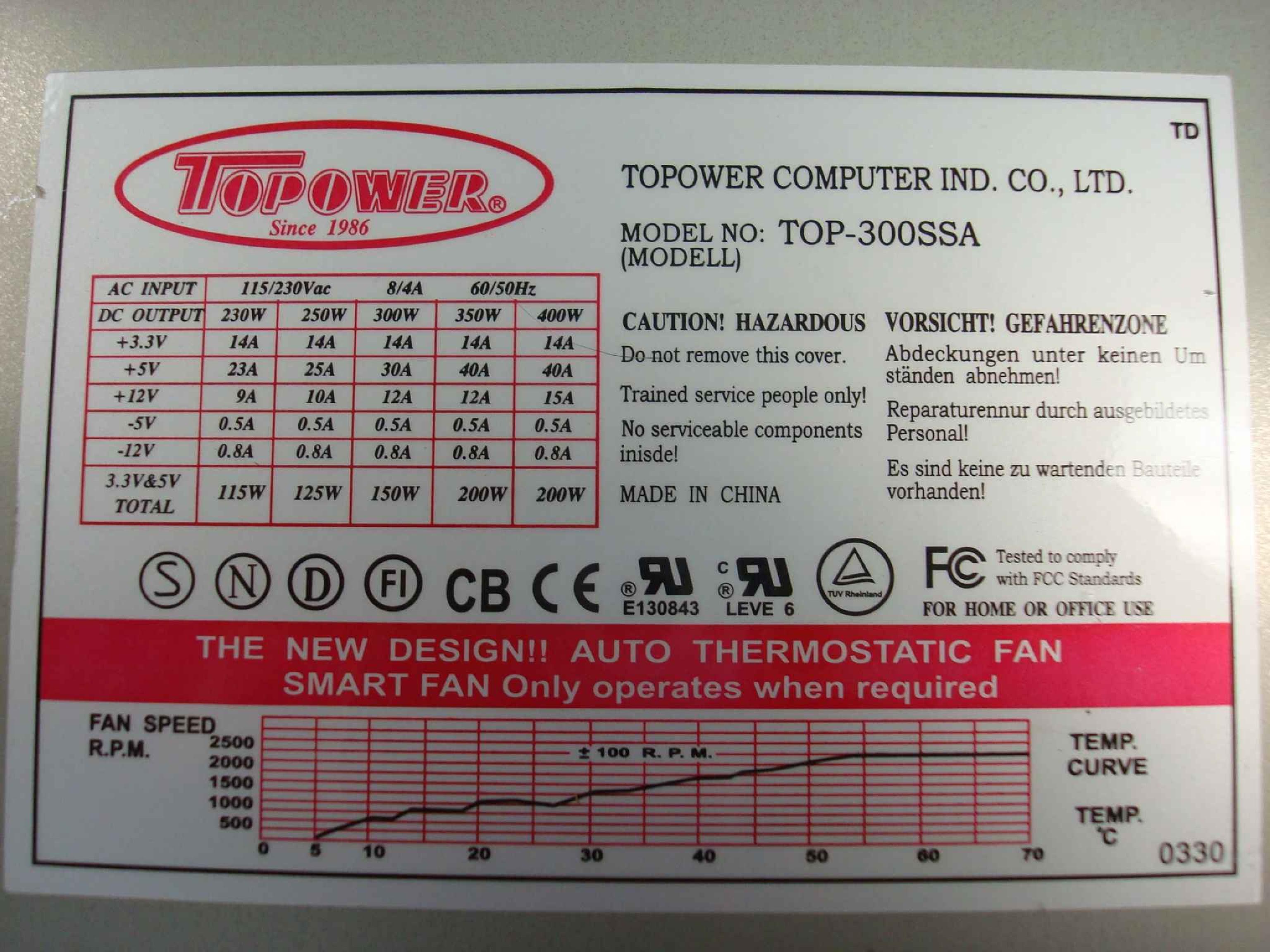 TOPOWER TOP-300SSA ATX STYLE POWER SUPPLY 300 WATT