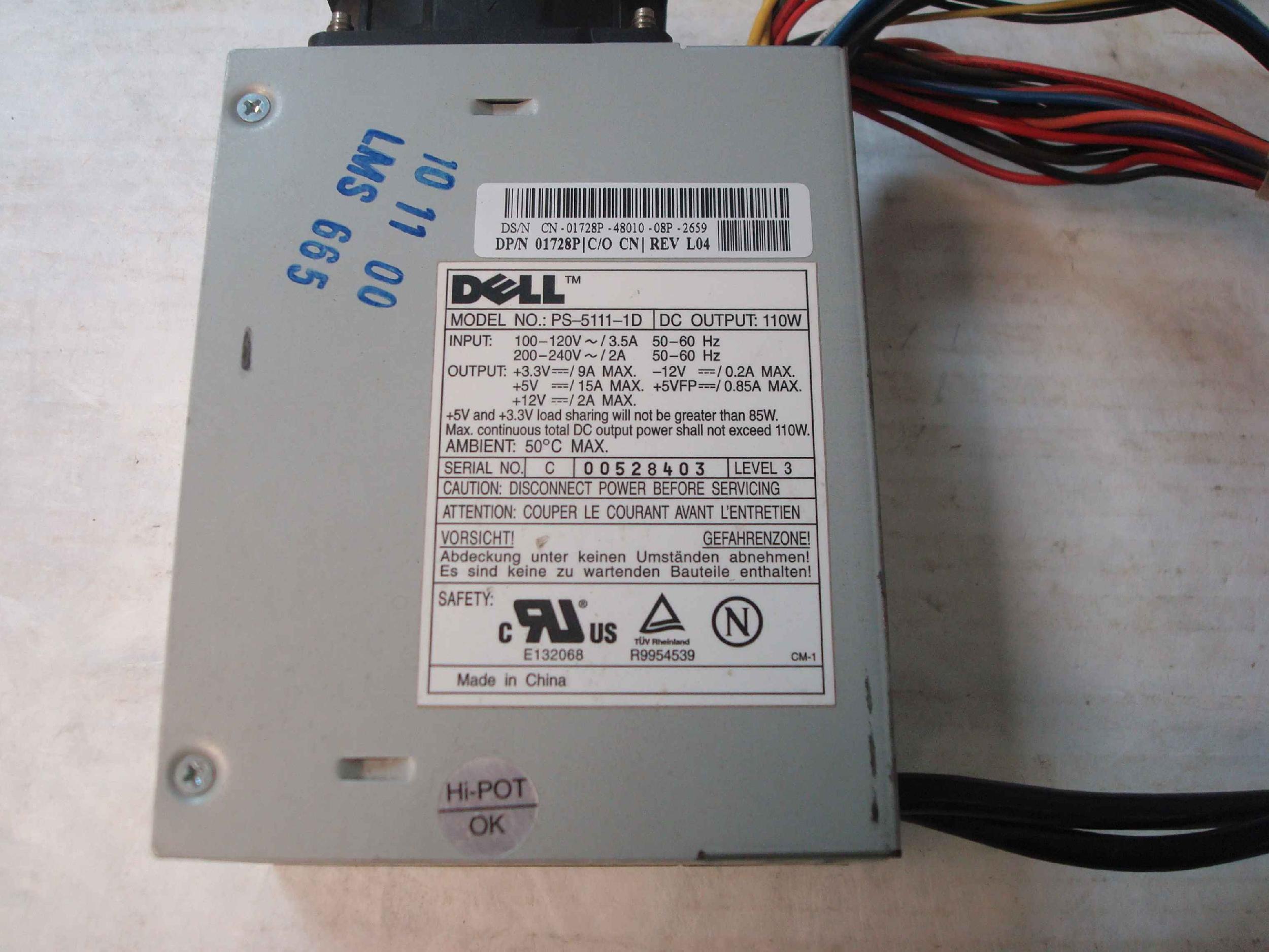 DELL 1728P 85 WATT POWER SUPPLY 110W ATX WITH REMOTE POWER/SWITCH