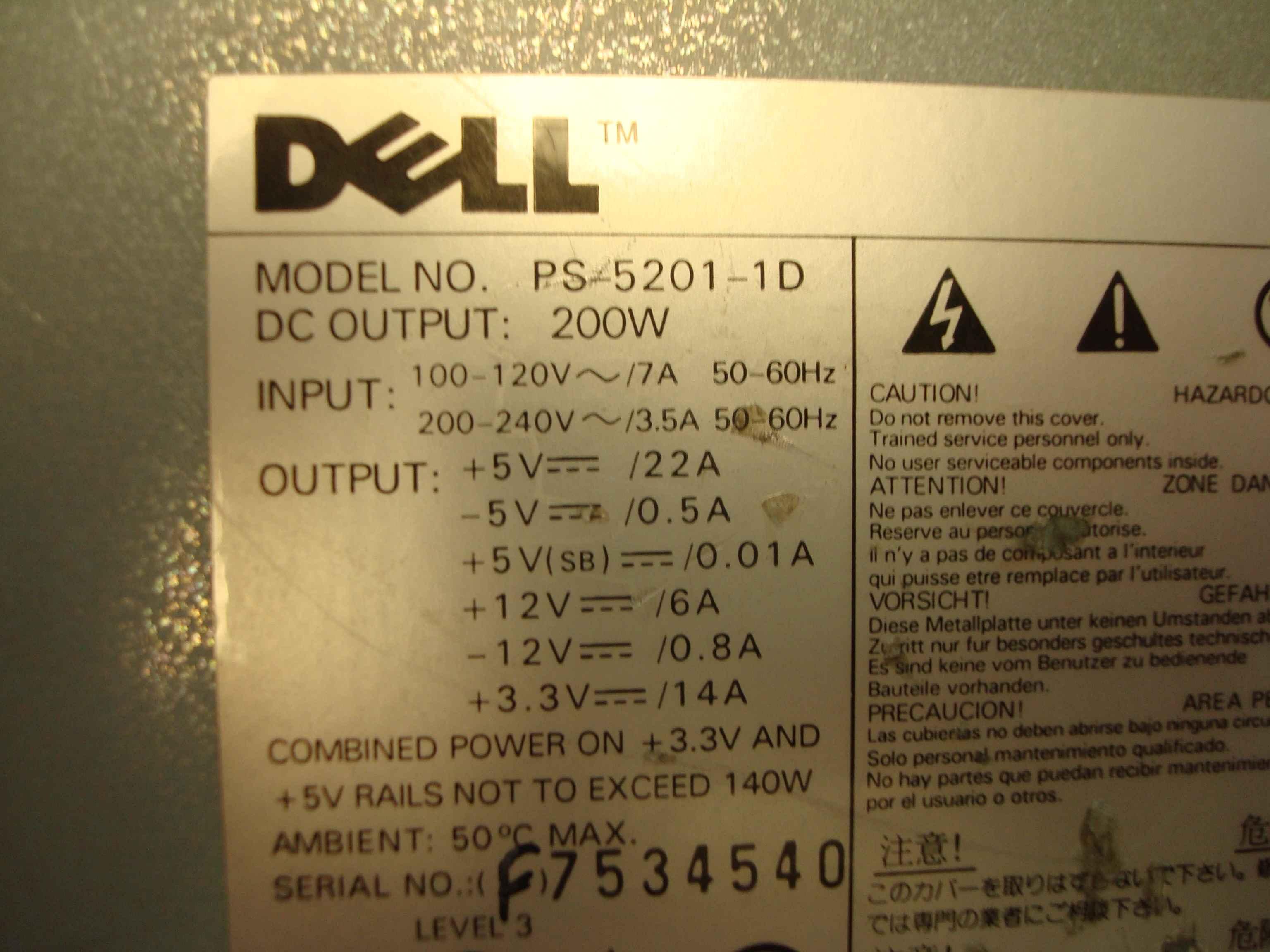 LITEON / DELL PS-5201-1D 200 WATT ATX POWER SUPPLY 200W 20 PIN