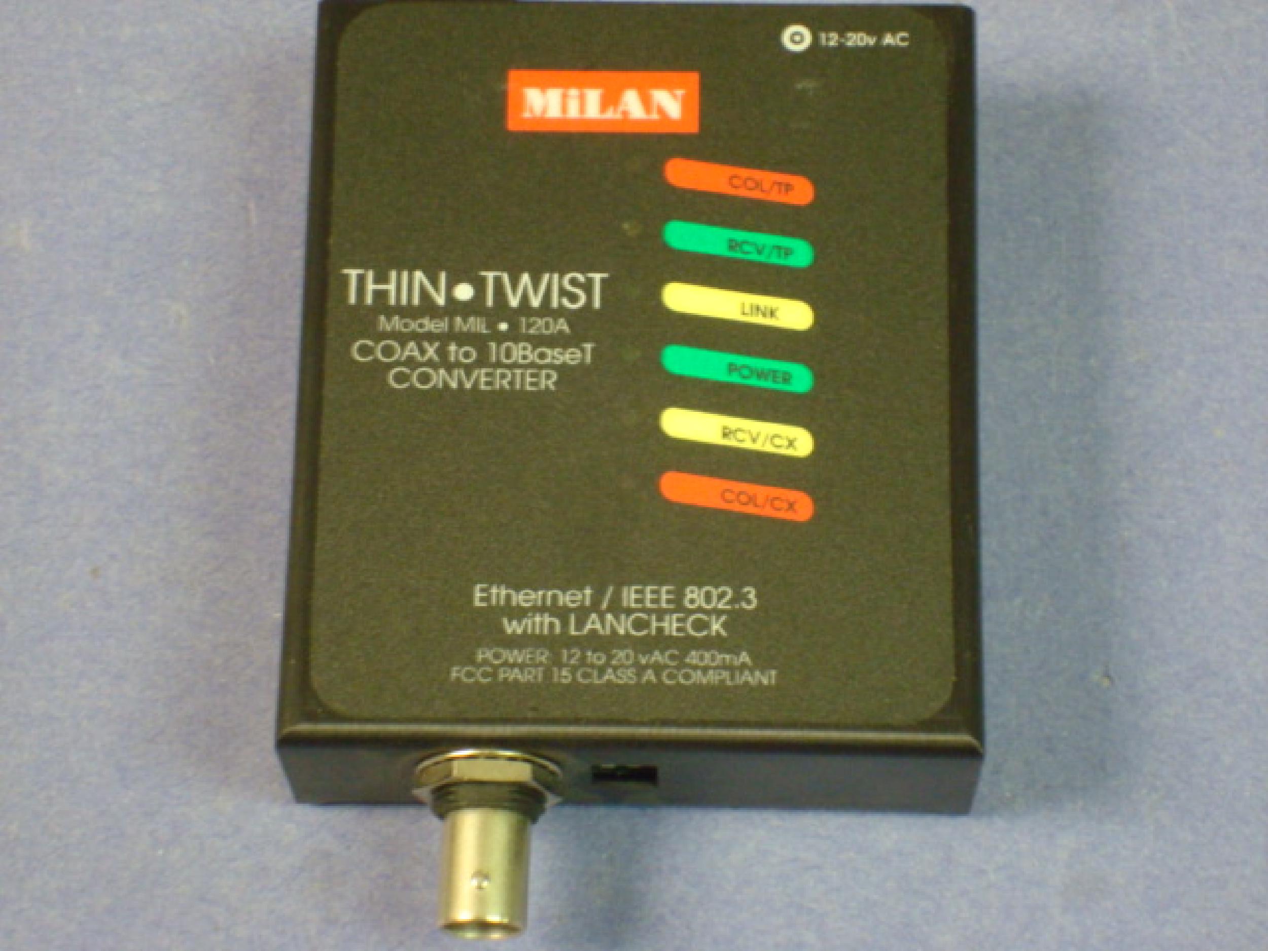 DIGI INTERNATIONAL MIL-120A TRANSCEIVER THIN TWIST WITH LANCHECK COAX/10BASET WITH POWER SUPPLY 10BT 10B2