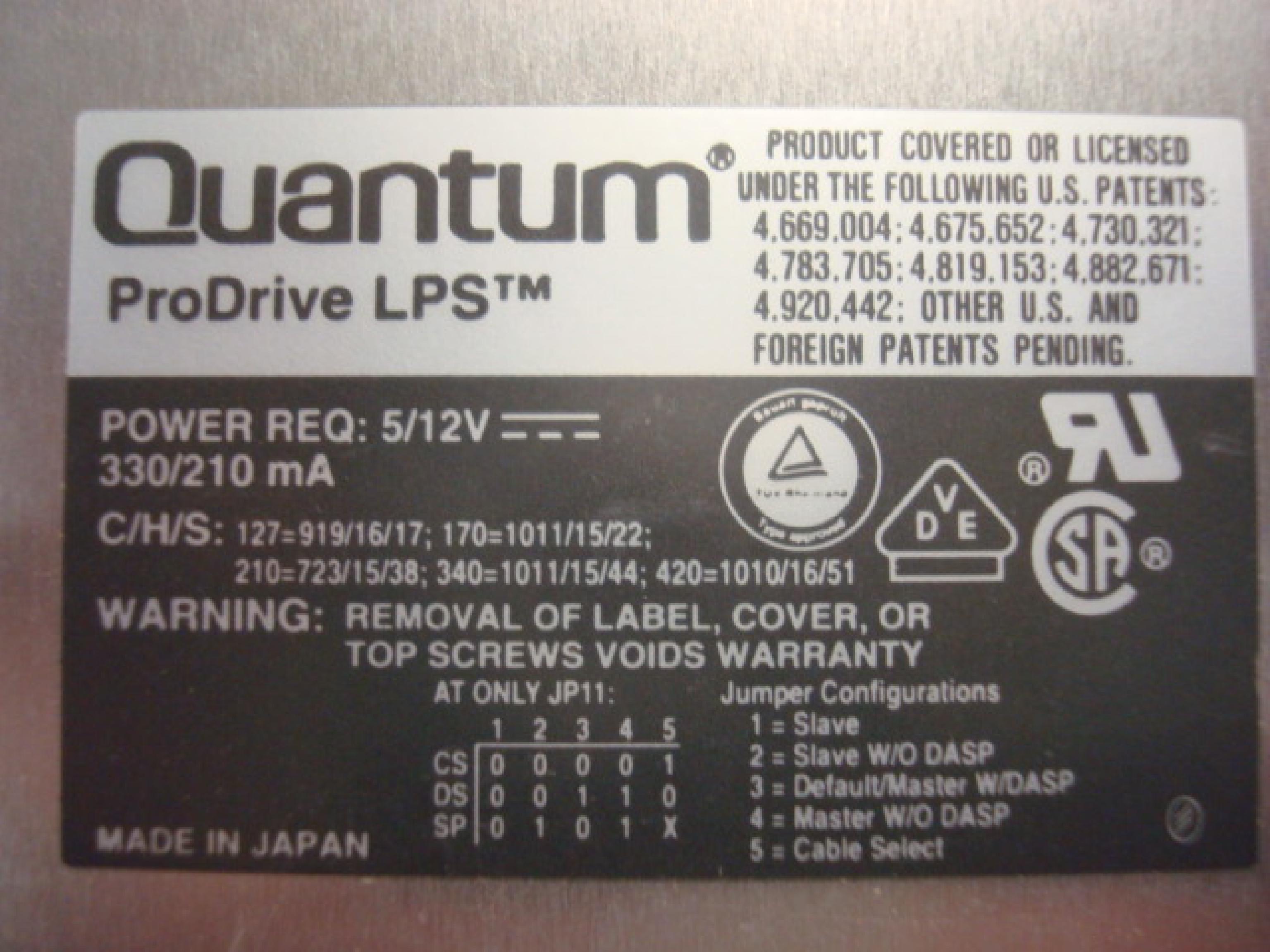 QUANTUM RR17A011 PRO DRIVE LPS 170AT IDE HARD DRIVE 3.5 INCH 120MB