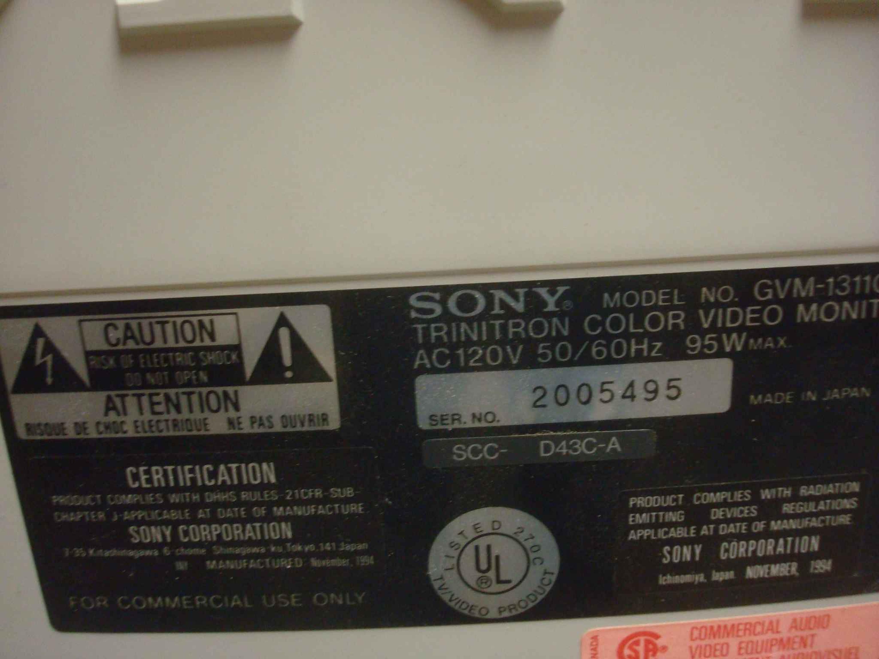 SONY GVM-1316TSQ 9PIN ANALOG, 9PIN TTL, SVIDEO, BNC, NTSC CCTV, COLOR