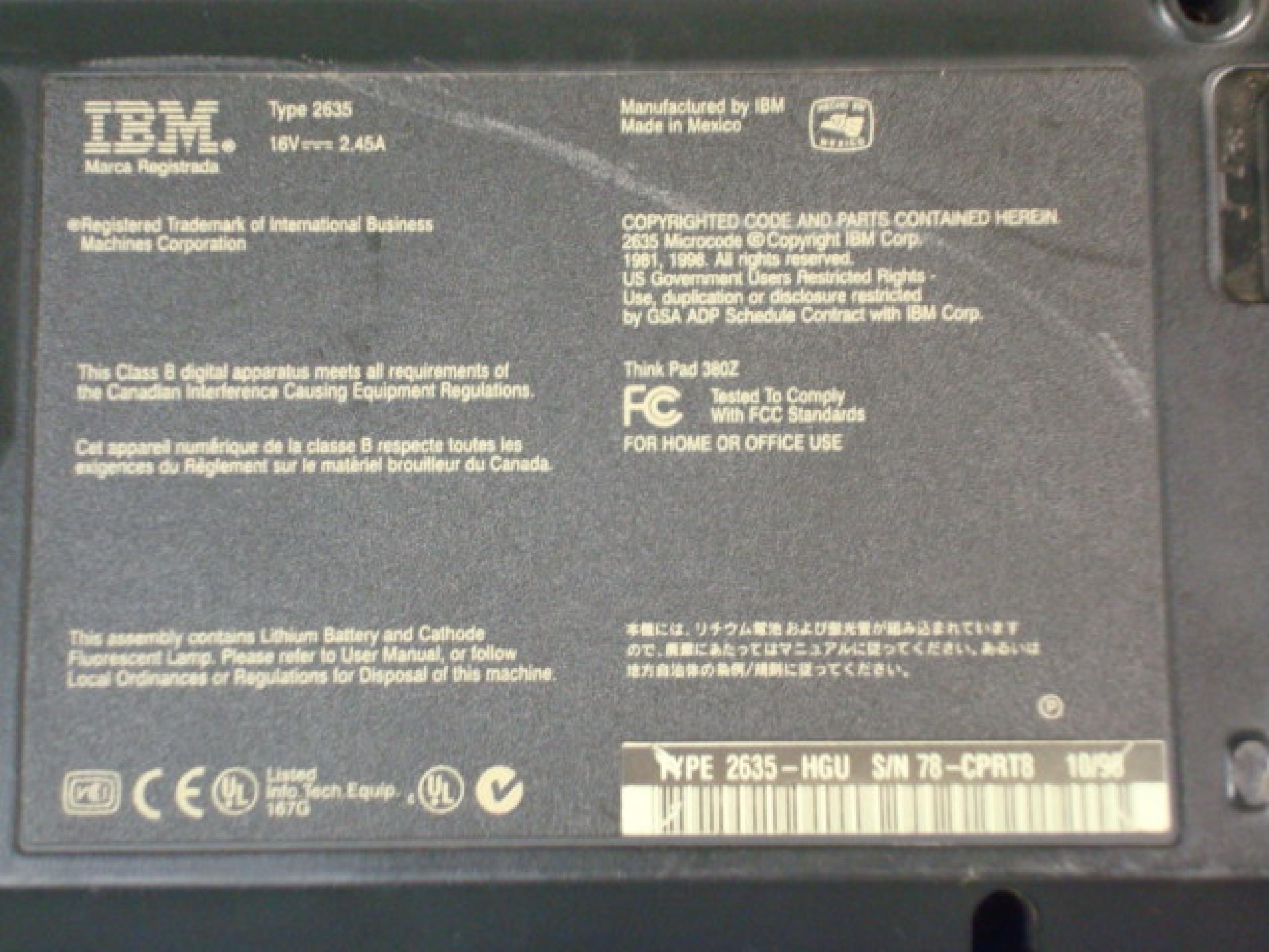 IBM 2635-HGU THINKPAD 380Z 64MB RAM 8GB HARD DRIVE CD