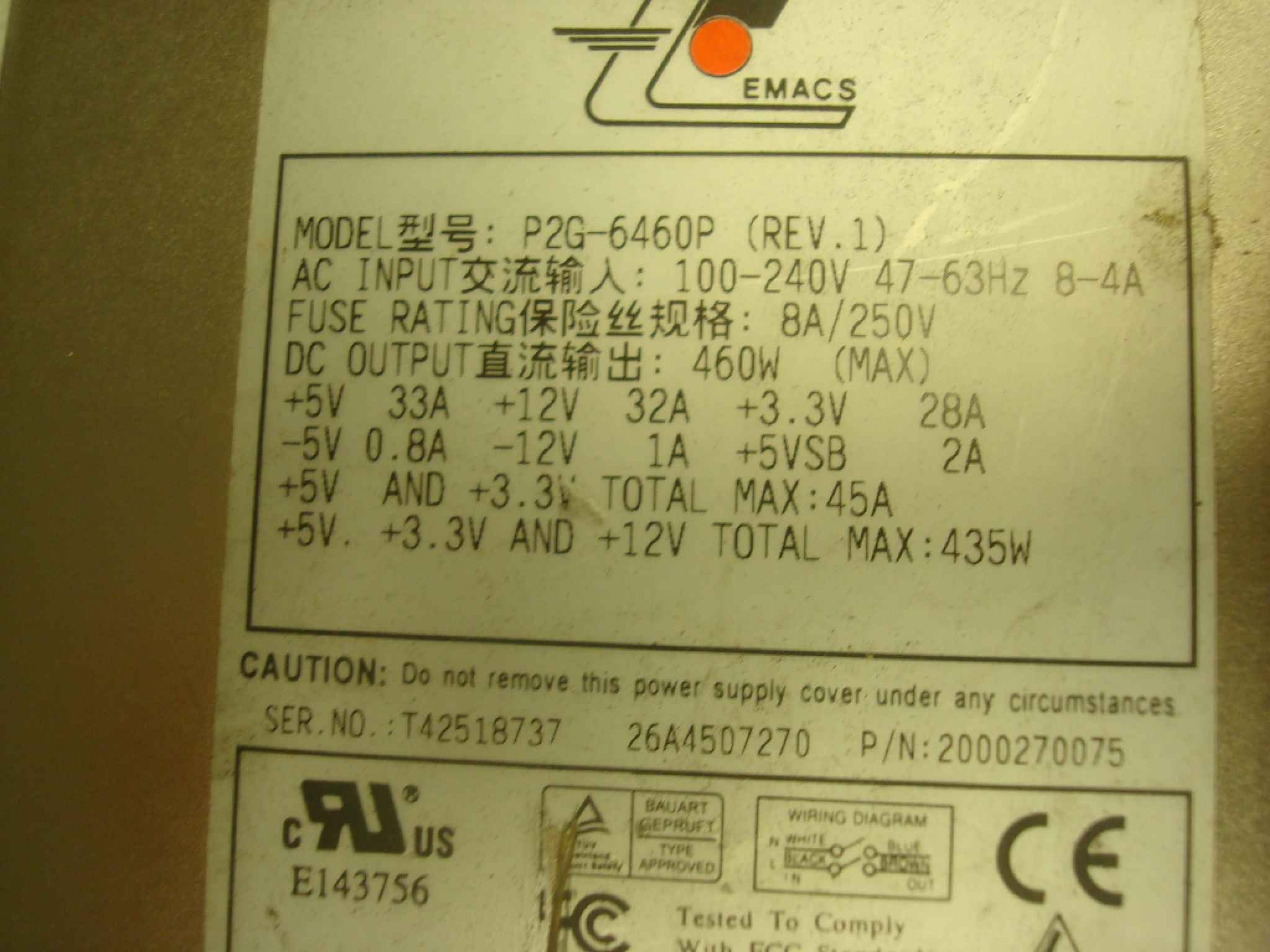 EMACS / ZIPPY / US POWER / CALIFORNIA PC PRODUCTS 2000270080 460 WATT ATX POWER SUPPLY SIZE