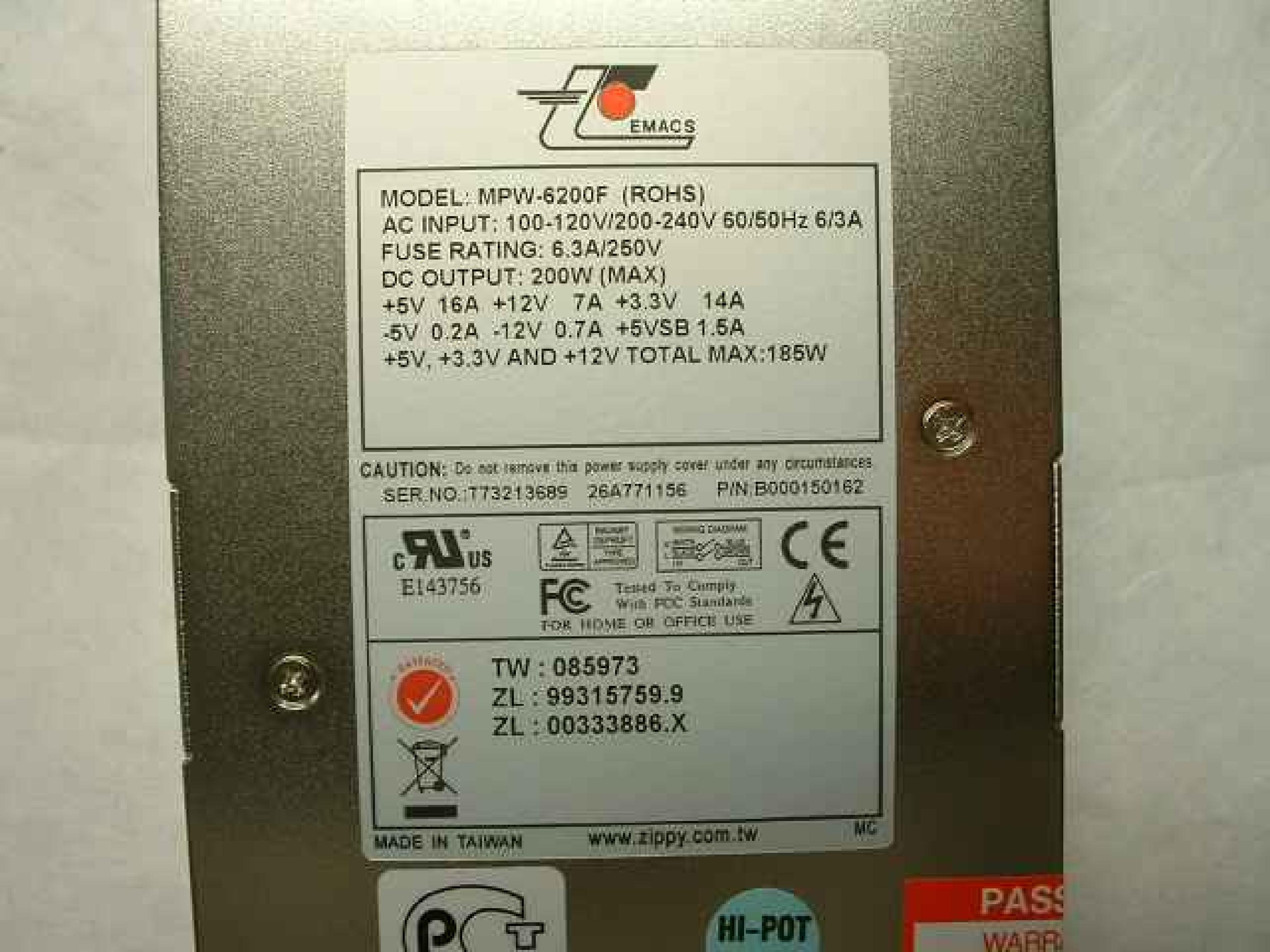 EMACS / ZIPPY / US POWER / CALIFORNIA PC PRODUCTS M1A962803 200 WATT ATX POWER SUPPLY FOR RACK MOUNT