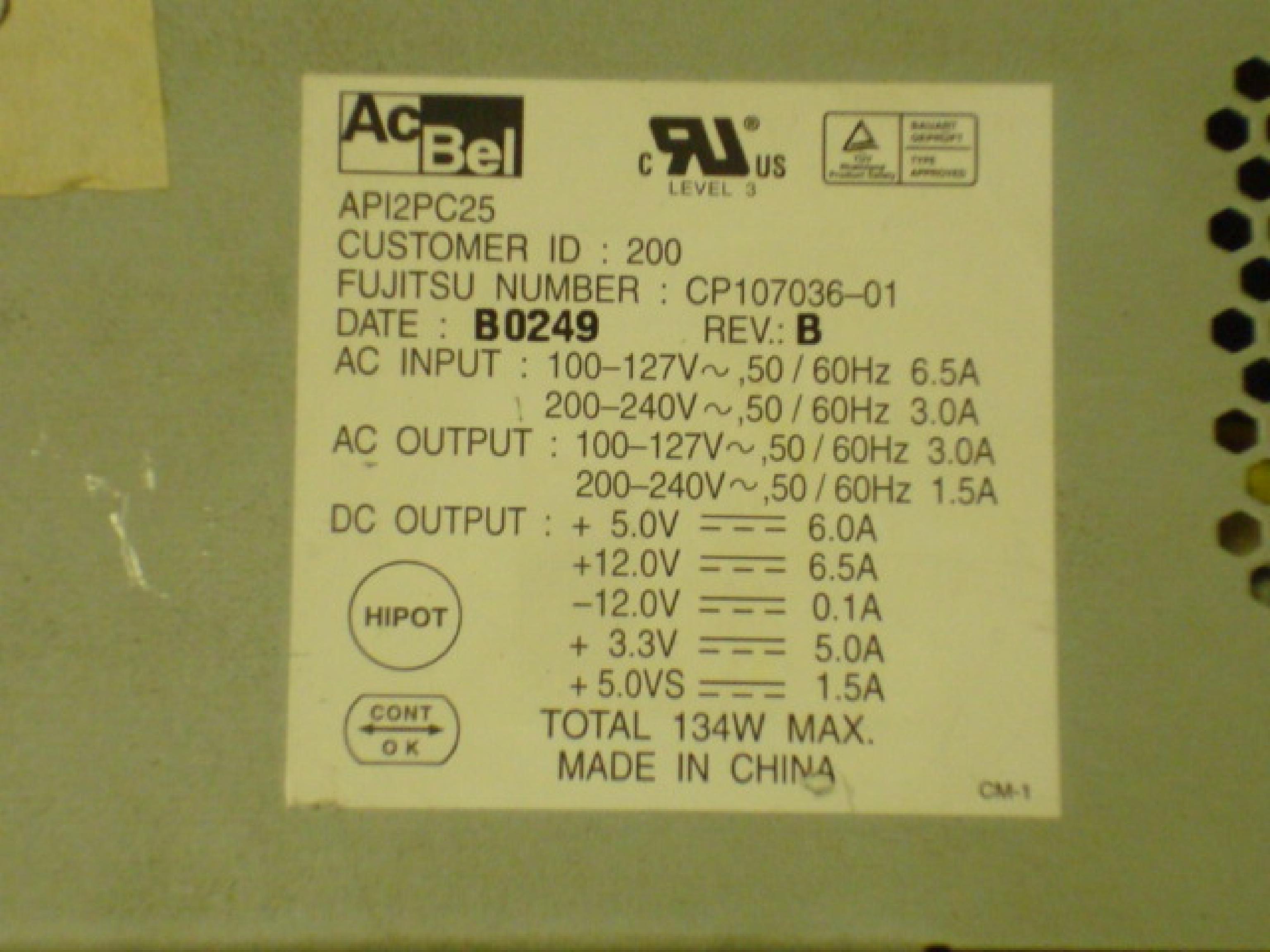 ACBEL CP107036-01 134W ATX POWER SUPPLY