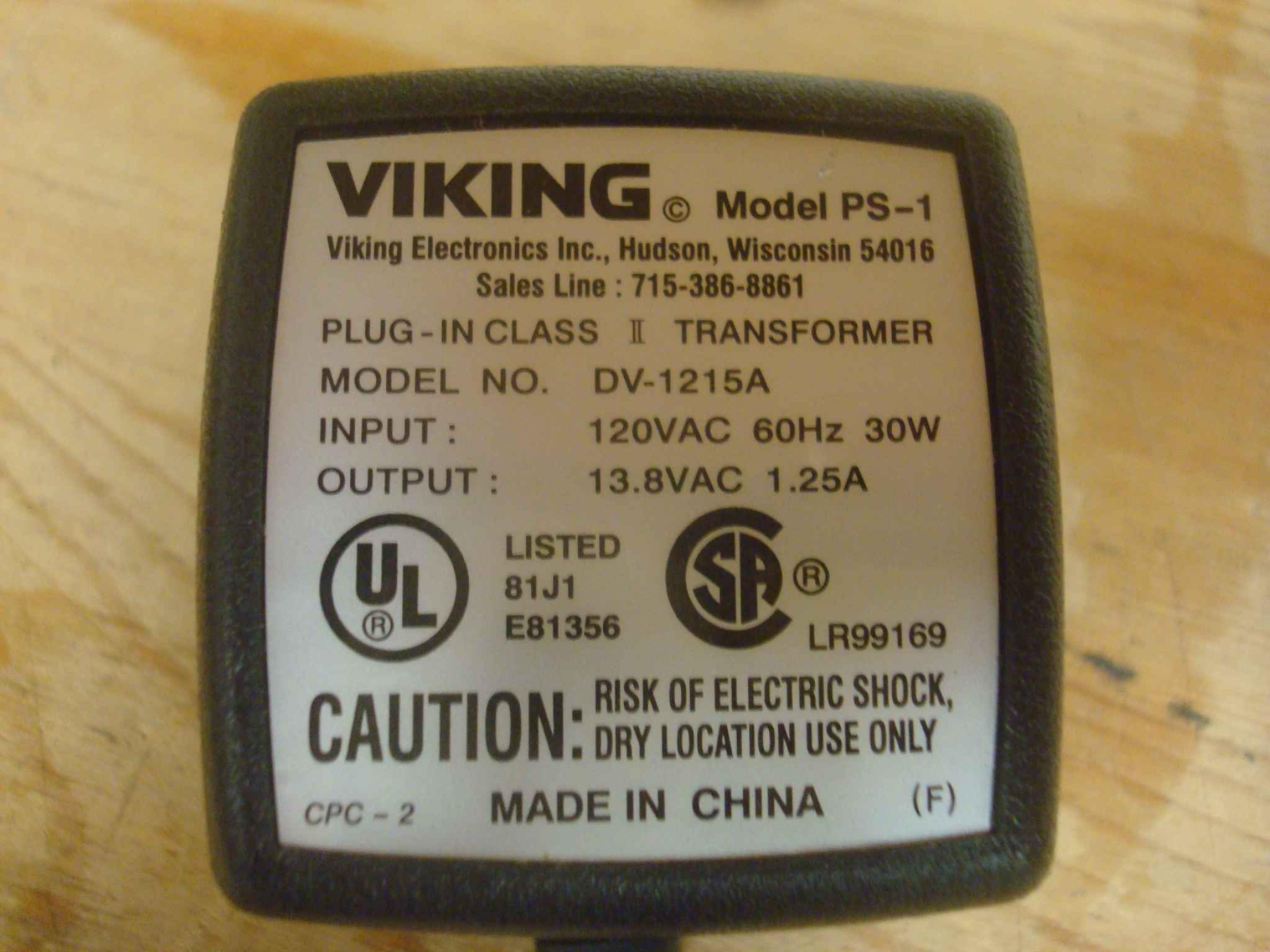 VIKING PS-1 AC ADAPTER 13.8V AC 1.25A