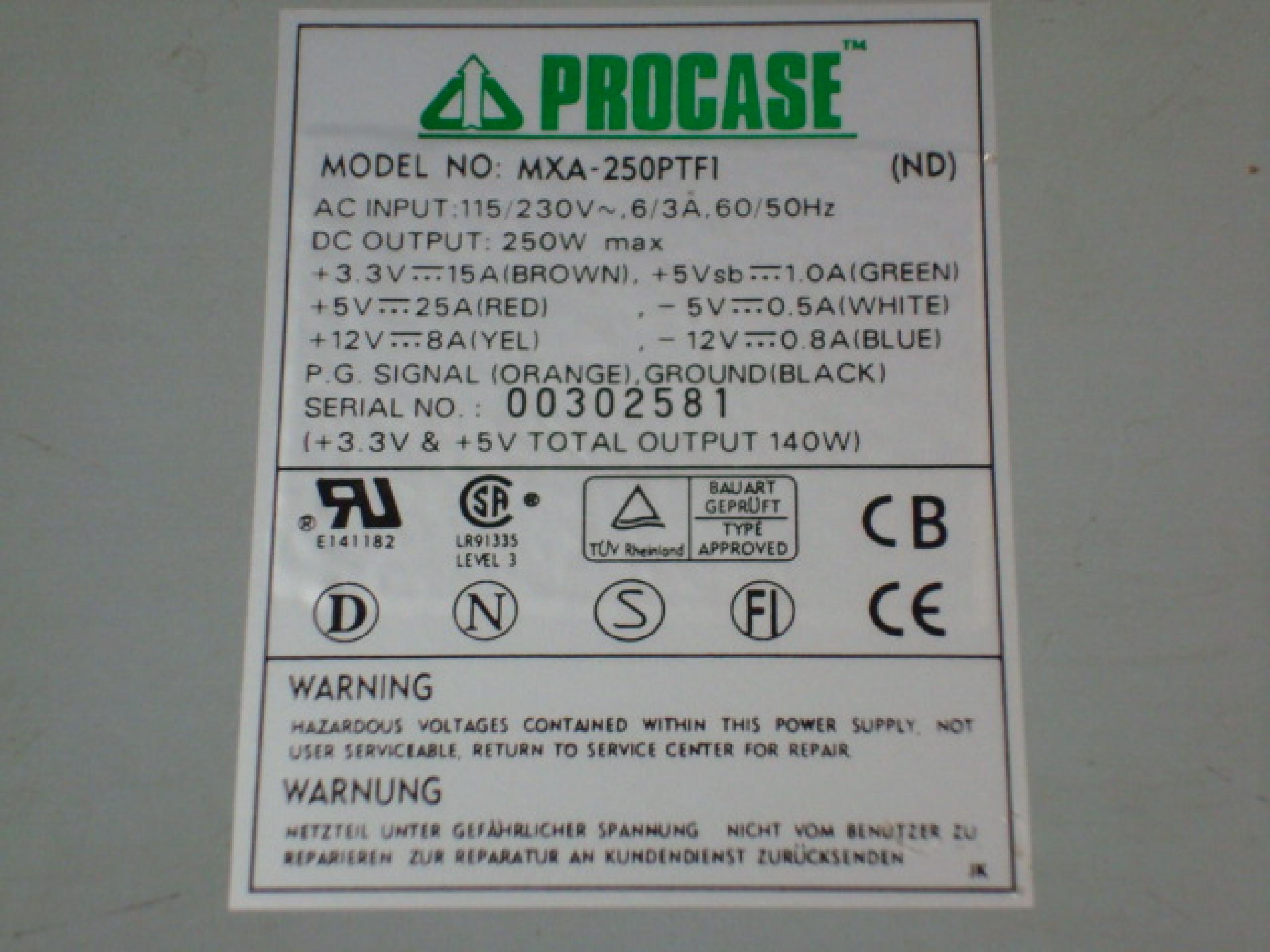 PROCASE MXA-250PTFI ATX POWER SUPPLY