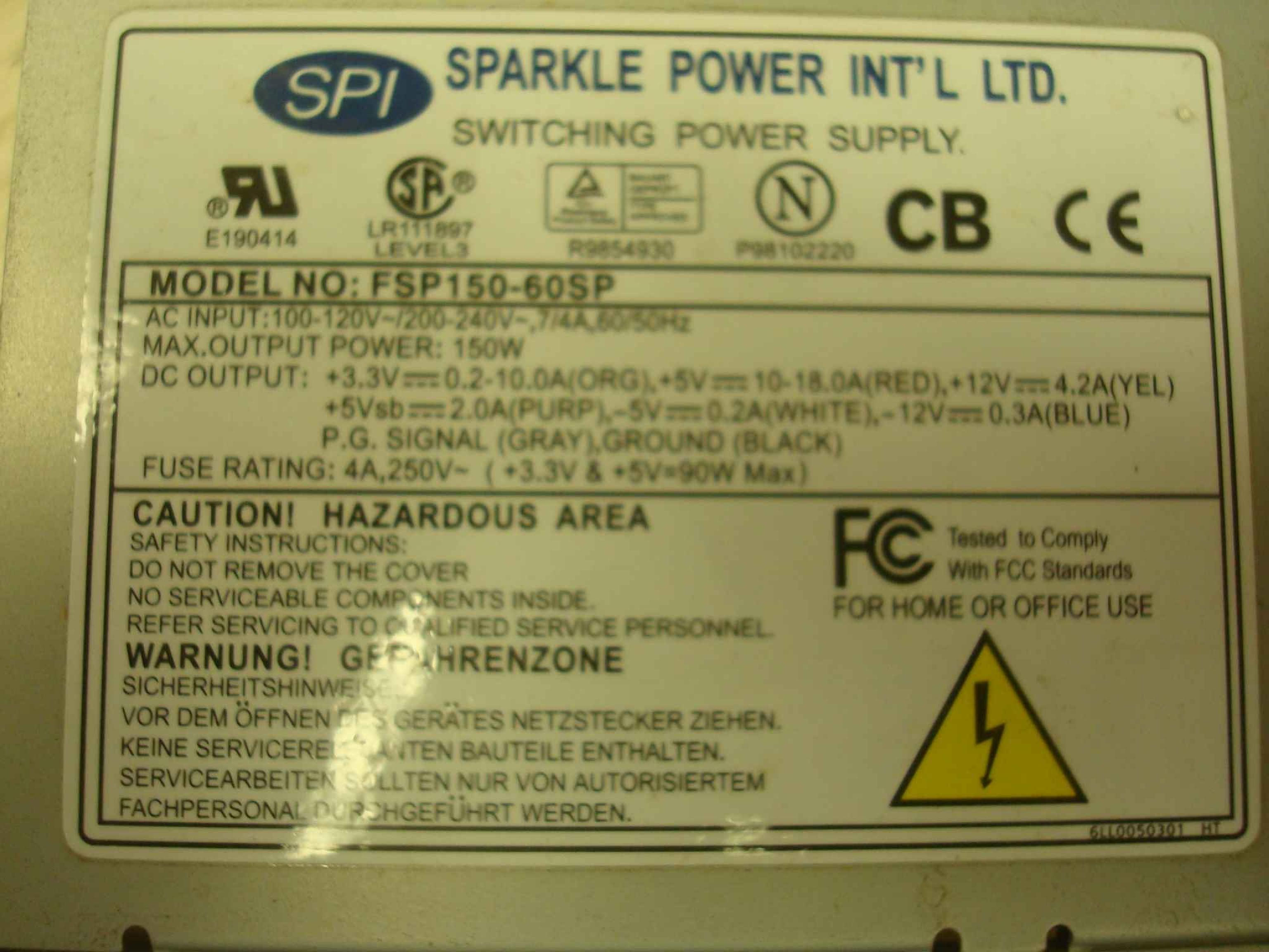 FSP GROUP / SPARKLE POWER INTL LTD / POWER MAN / YATE LOON / AOPEN / ACER FSP150-60SP REPLACEMENT 150 WATT ATX POWER SUPPLY