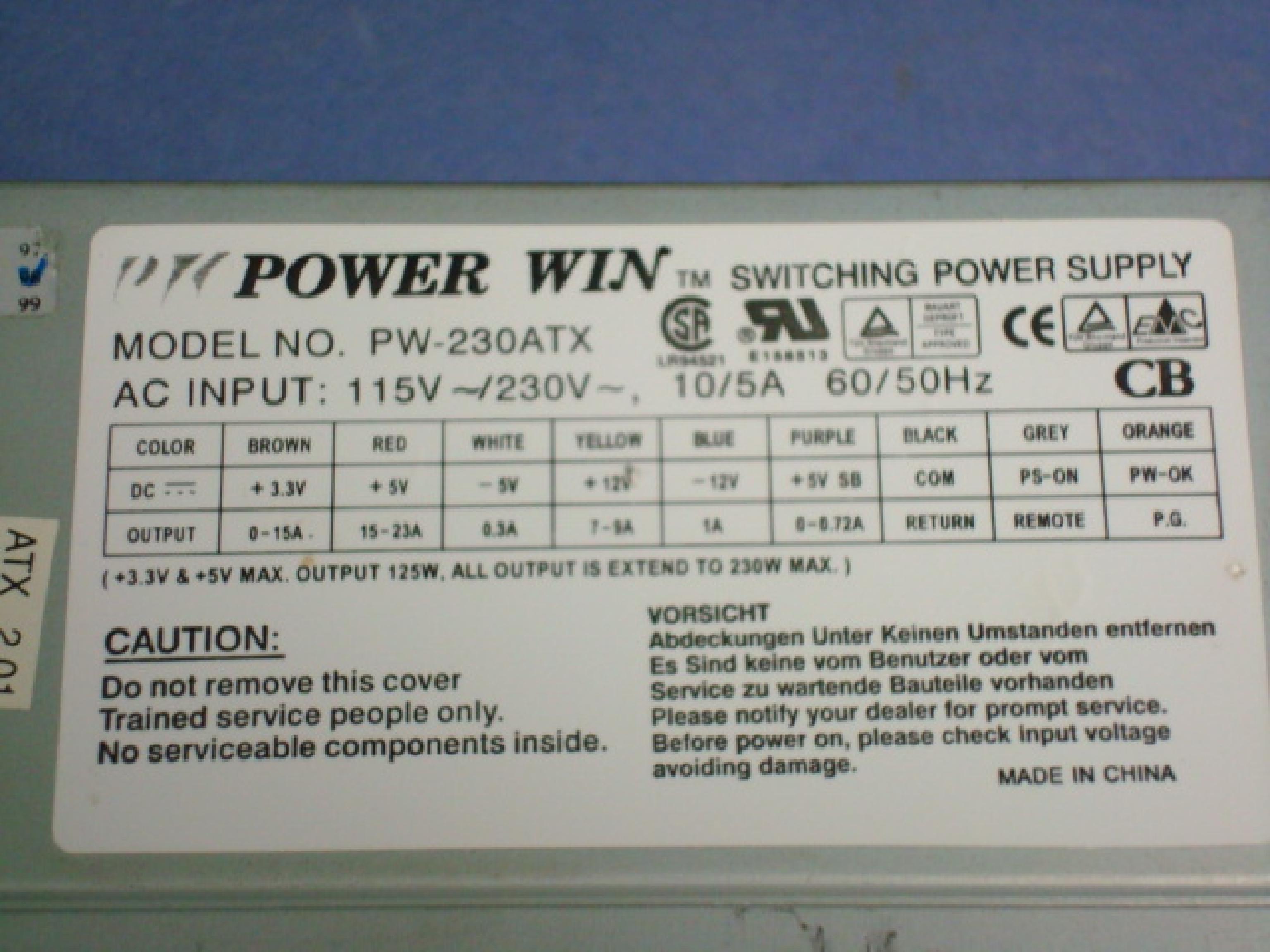 POWER WIN PW-230ATX 230W ATX POWER SUPPLY