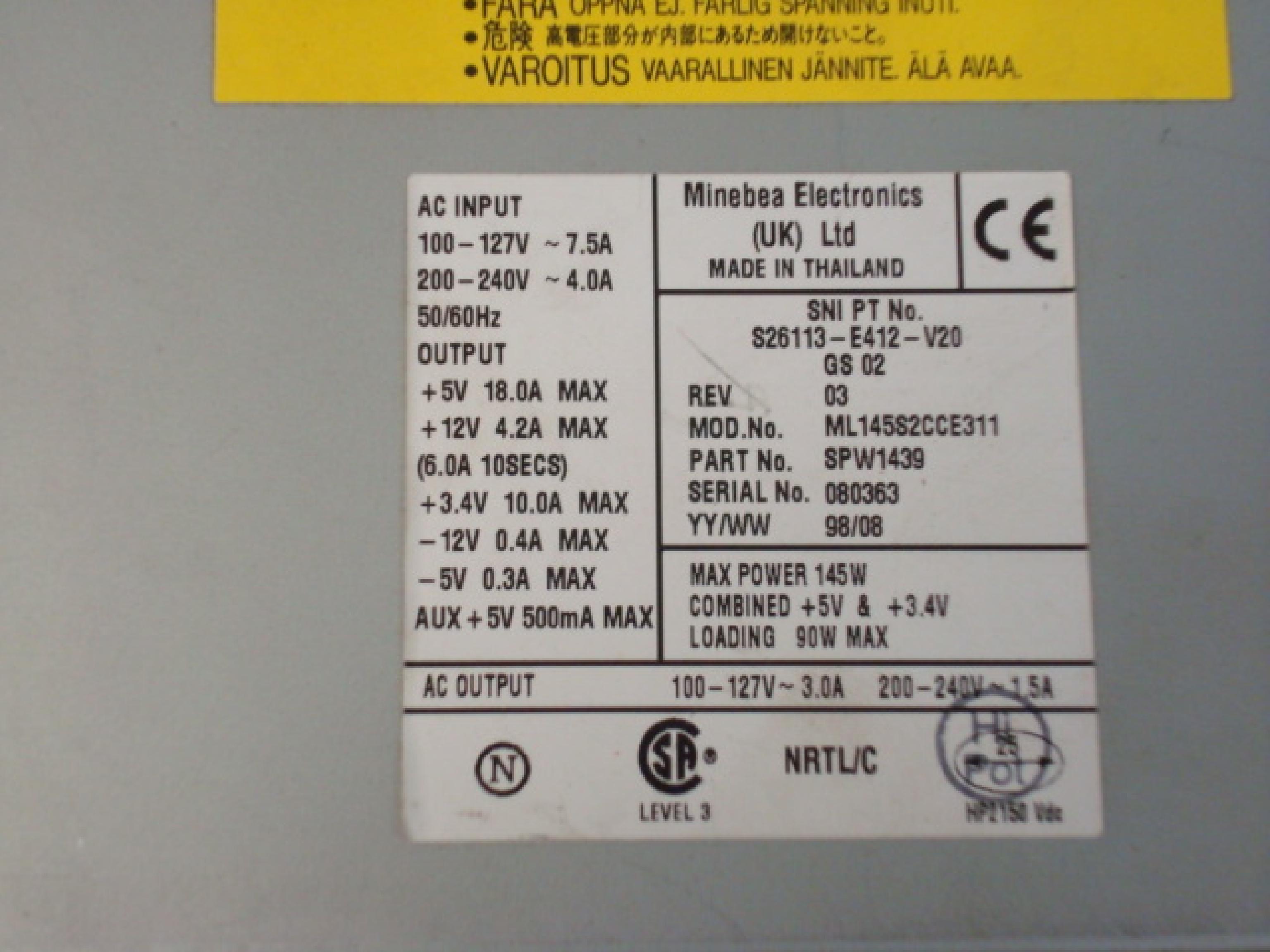 FUJITSU S26113-E412-V20 145W ATX POWER SUPPLY