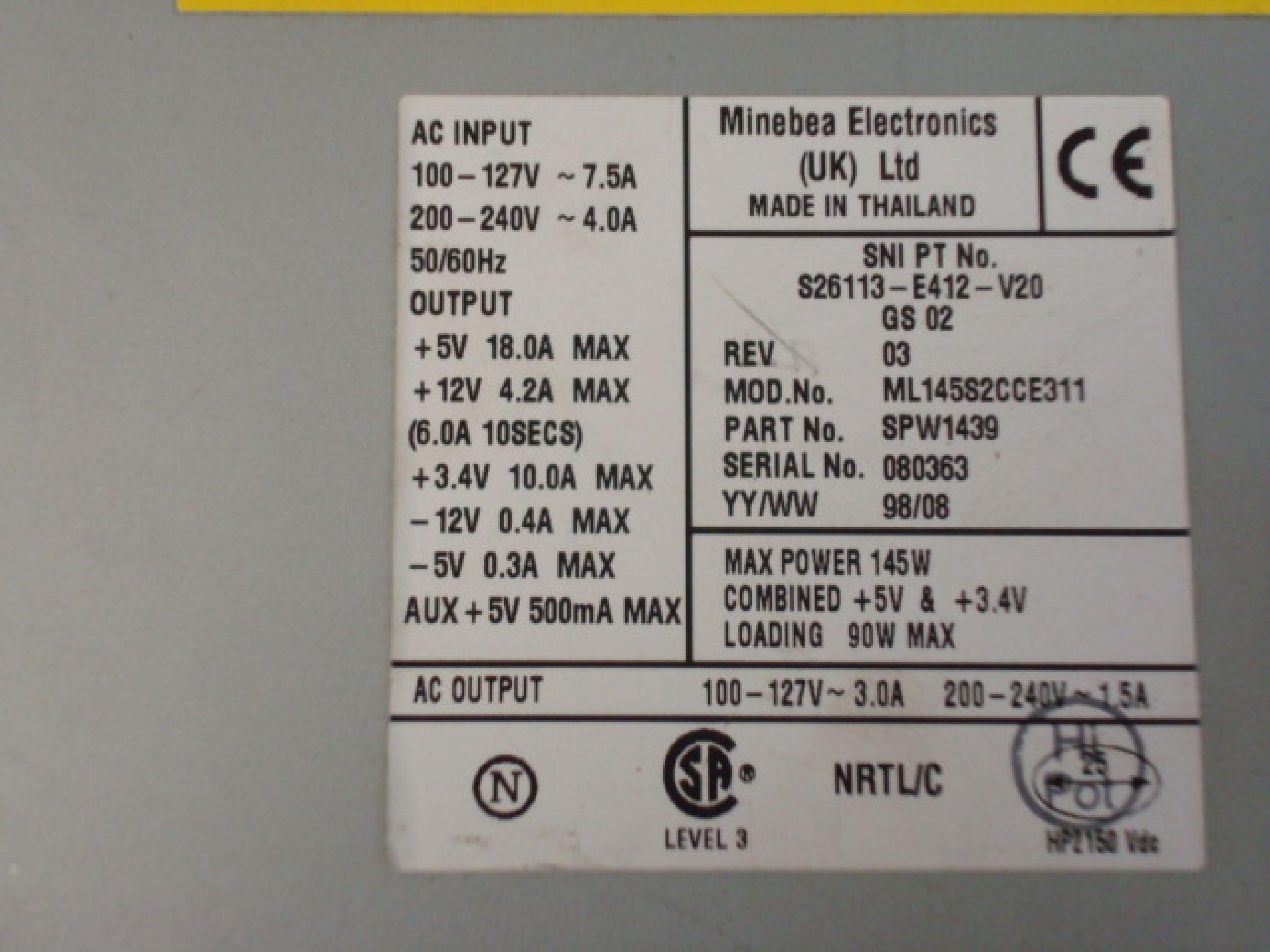 FUJITSU S26113-E412-V20 145W ATX POWER SUPPLY