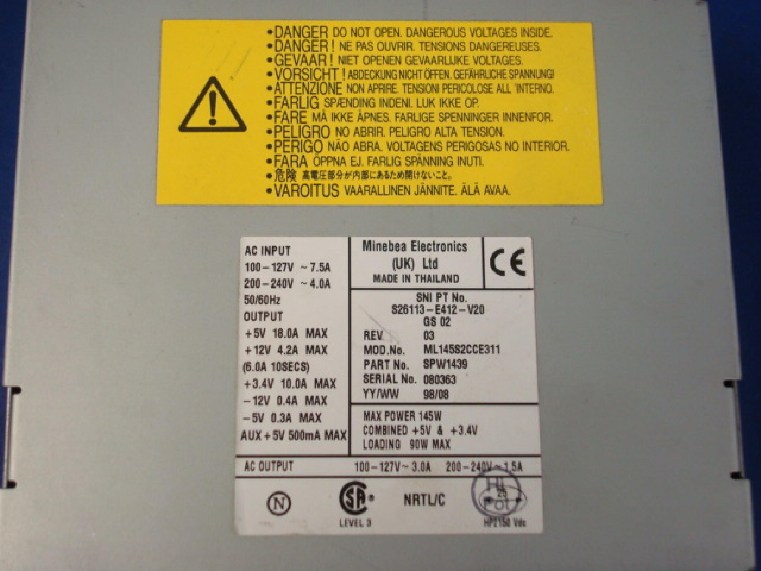 FUJITSU ML145S2CCE311 145W ATX POWER SUPPLY