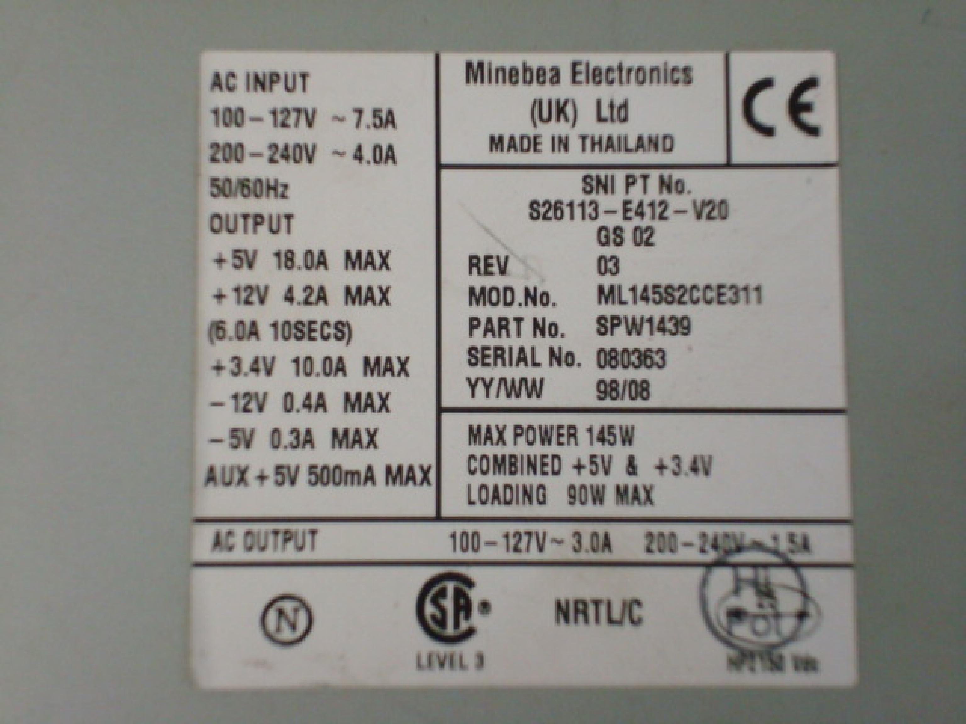 FUJITSU ML145S2CCE311 145W ATX POWER SUPPLY