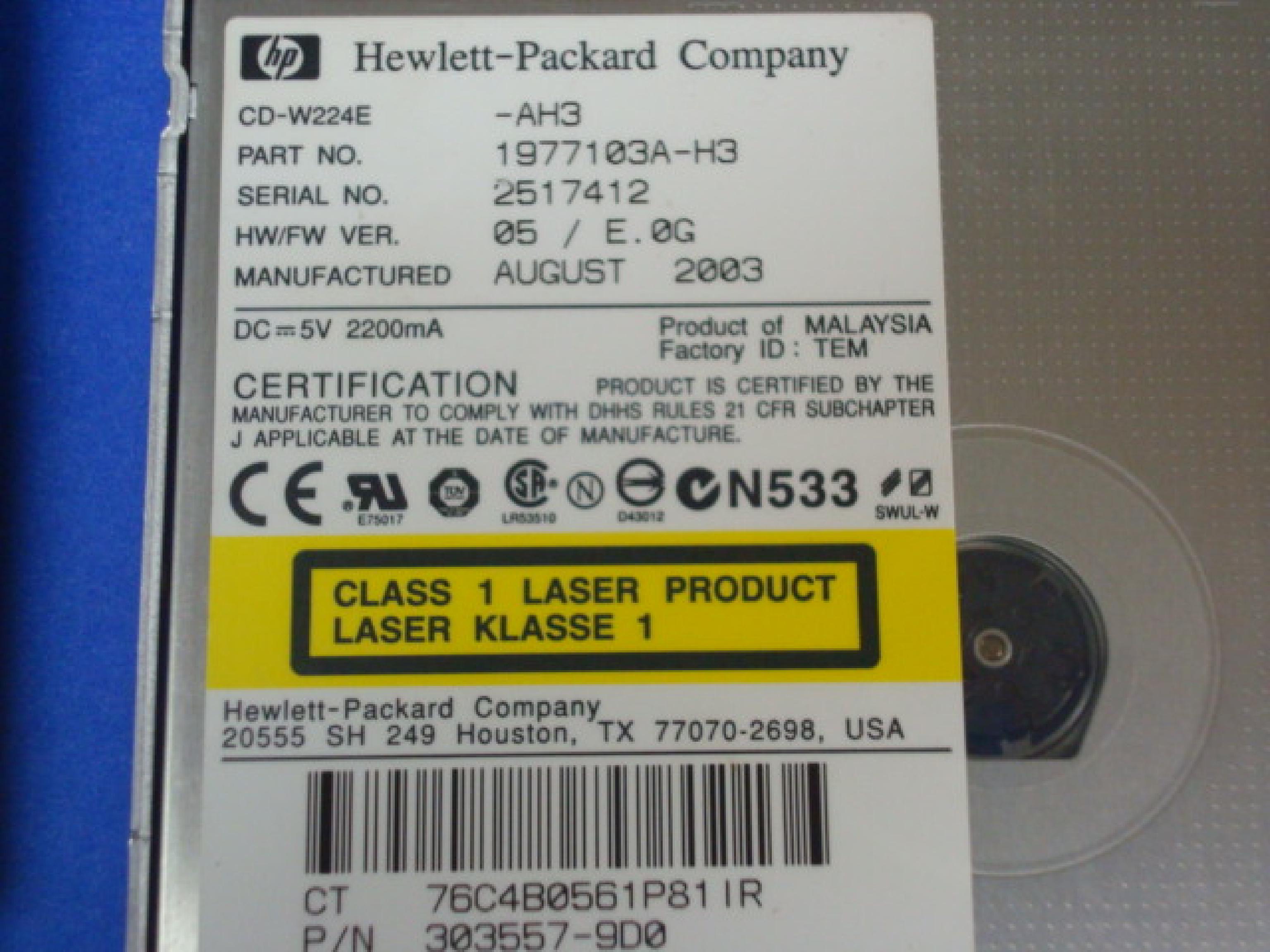 HEWLETT PACKARD / COMPAQ / HEWLETT PACKARD / HP 153992-001 CDRW DRIVE BLACK SLIMLINE FOR NOTEBOOK CD-R/RW BEZEL