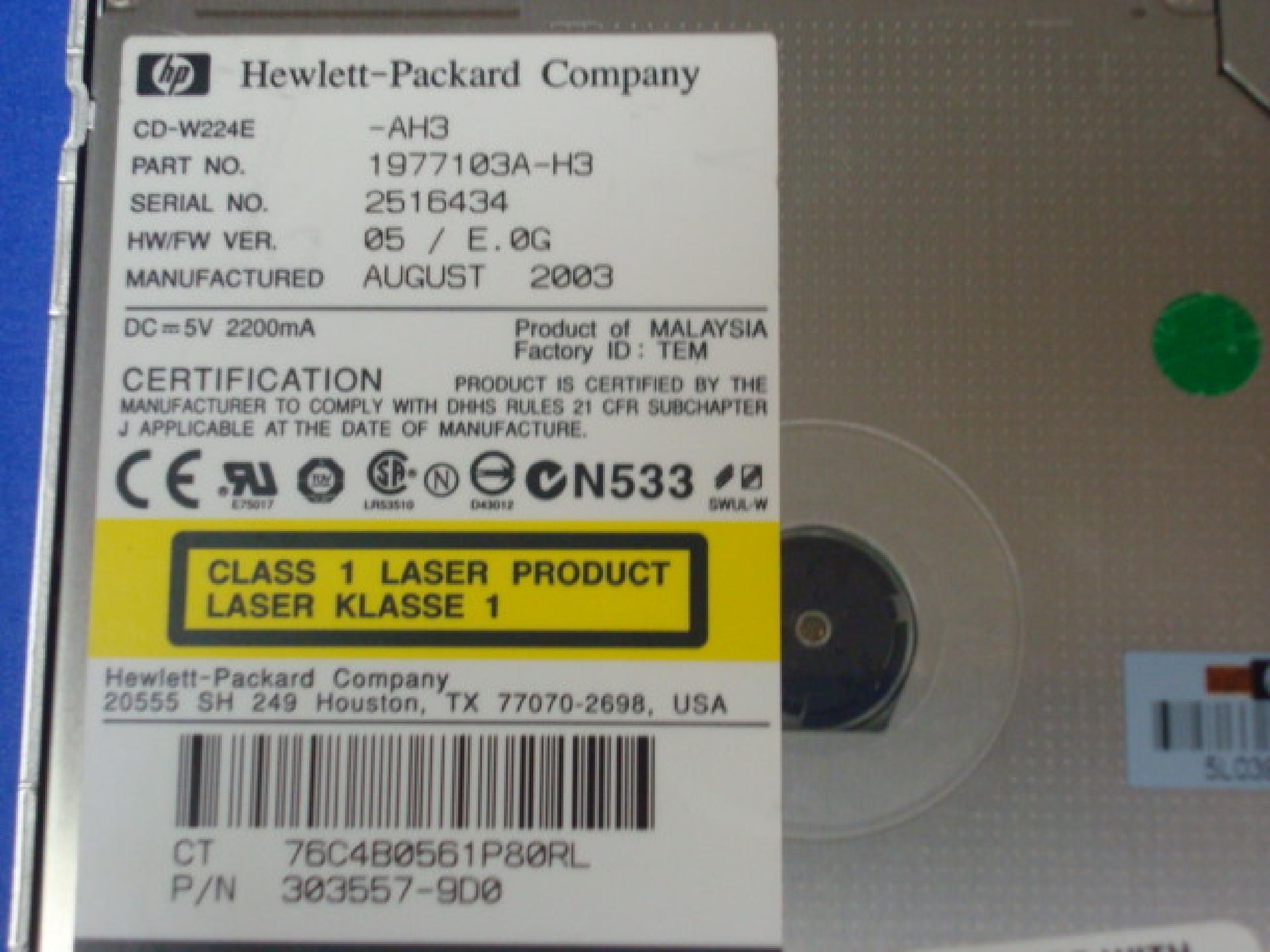 COMPAQ / HEWLETT PACKARD / HP 303557-9D0 CDRW DRIVE BLACK SLIMLINE FOR NOTEBOOK