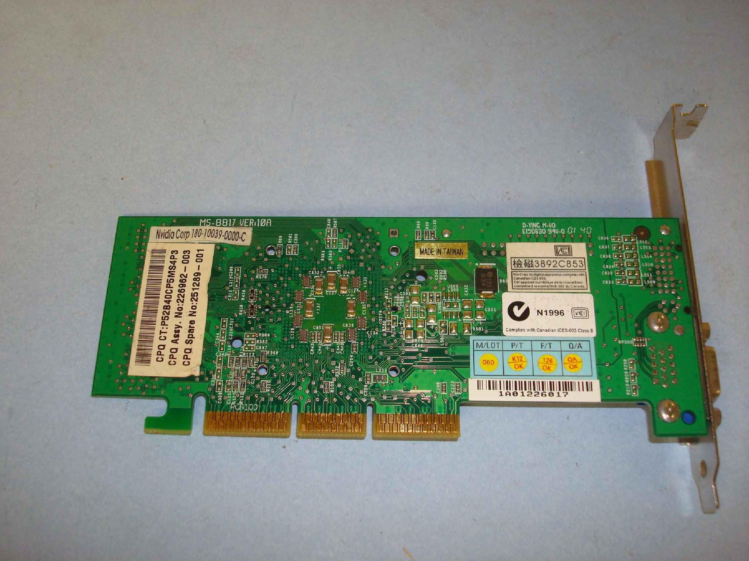 COMPAQ / HEWLETT PACKARD / HP 226962-003 16MB AGP CARD GFORCE2MX 200 Q06803.1
