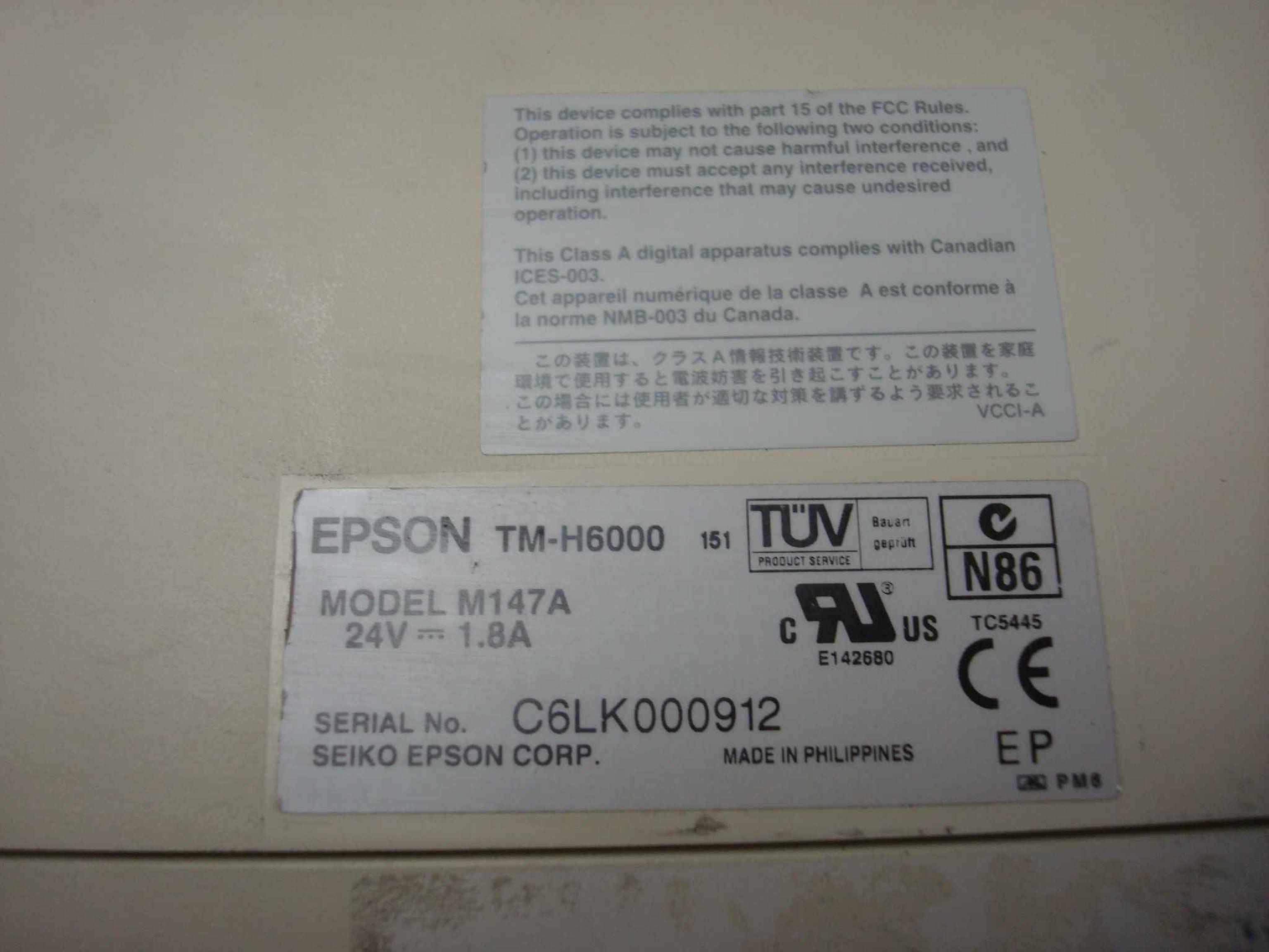 EPSON TM-H6000-151 WITHOUT POWER SUPPLY RECIEPT PRINTER, RS232 PORT+F27214