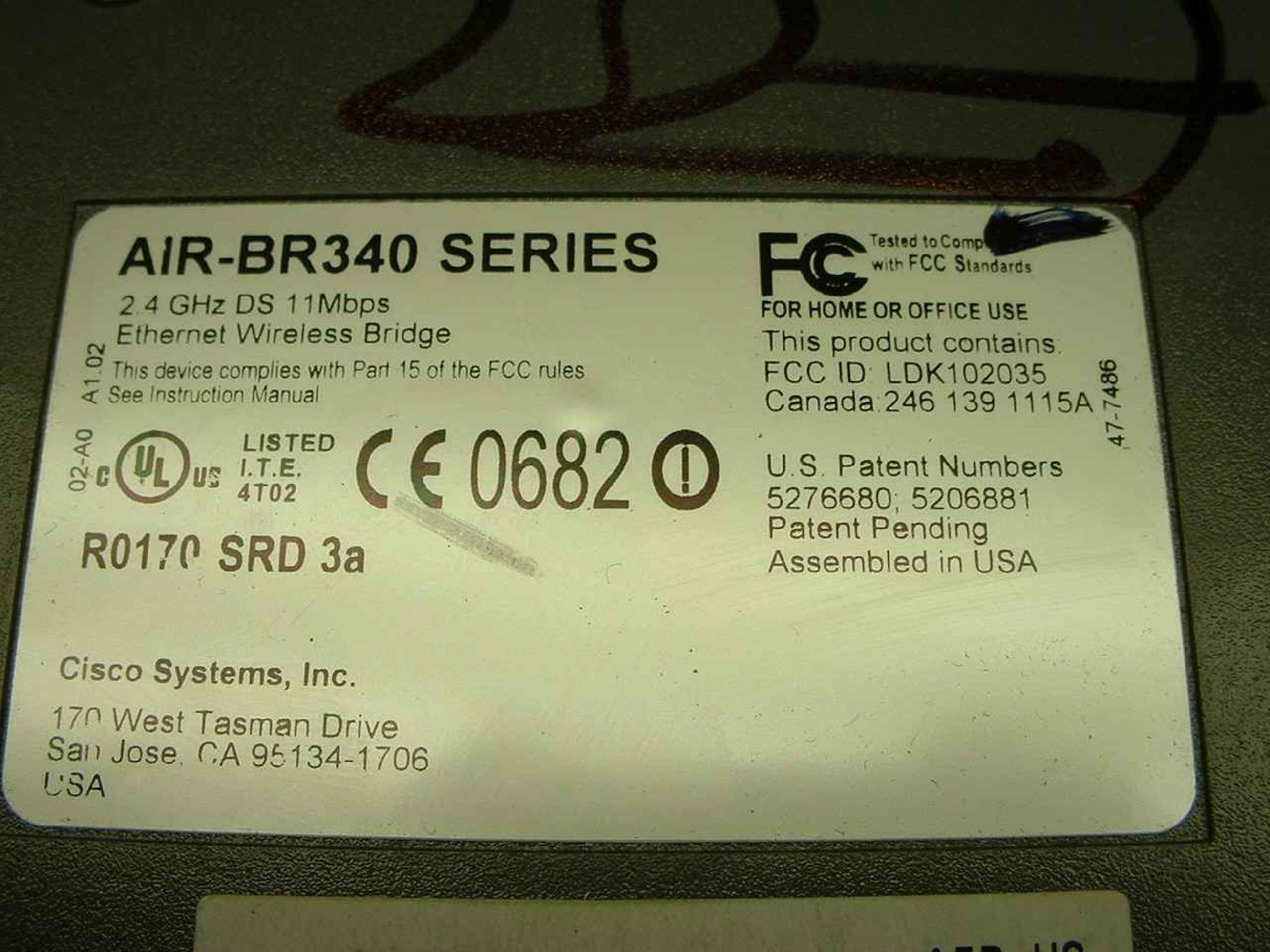 CISCO SYSTEMS AIR-BR340 NO POWER SUPPLY AIRONET 340 SERIES 11 MBPS WIRELESS BRIDGE