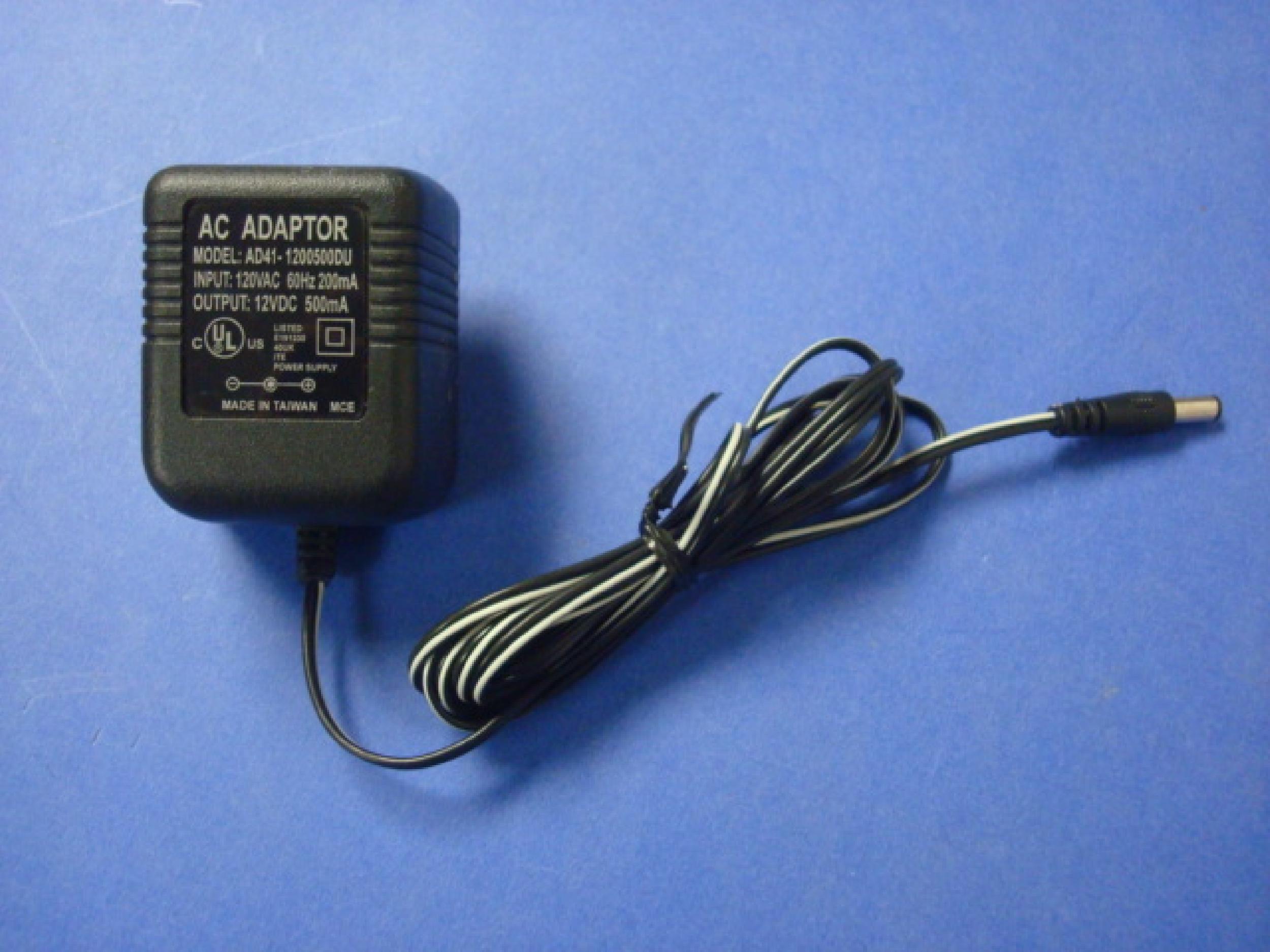 GENERIC AD41-1200500DU AC ADAPTER 12VDC 500MA ID:2.00MM OD:5.45MM 6FT CABLE WITH BARREL CONNECTOR