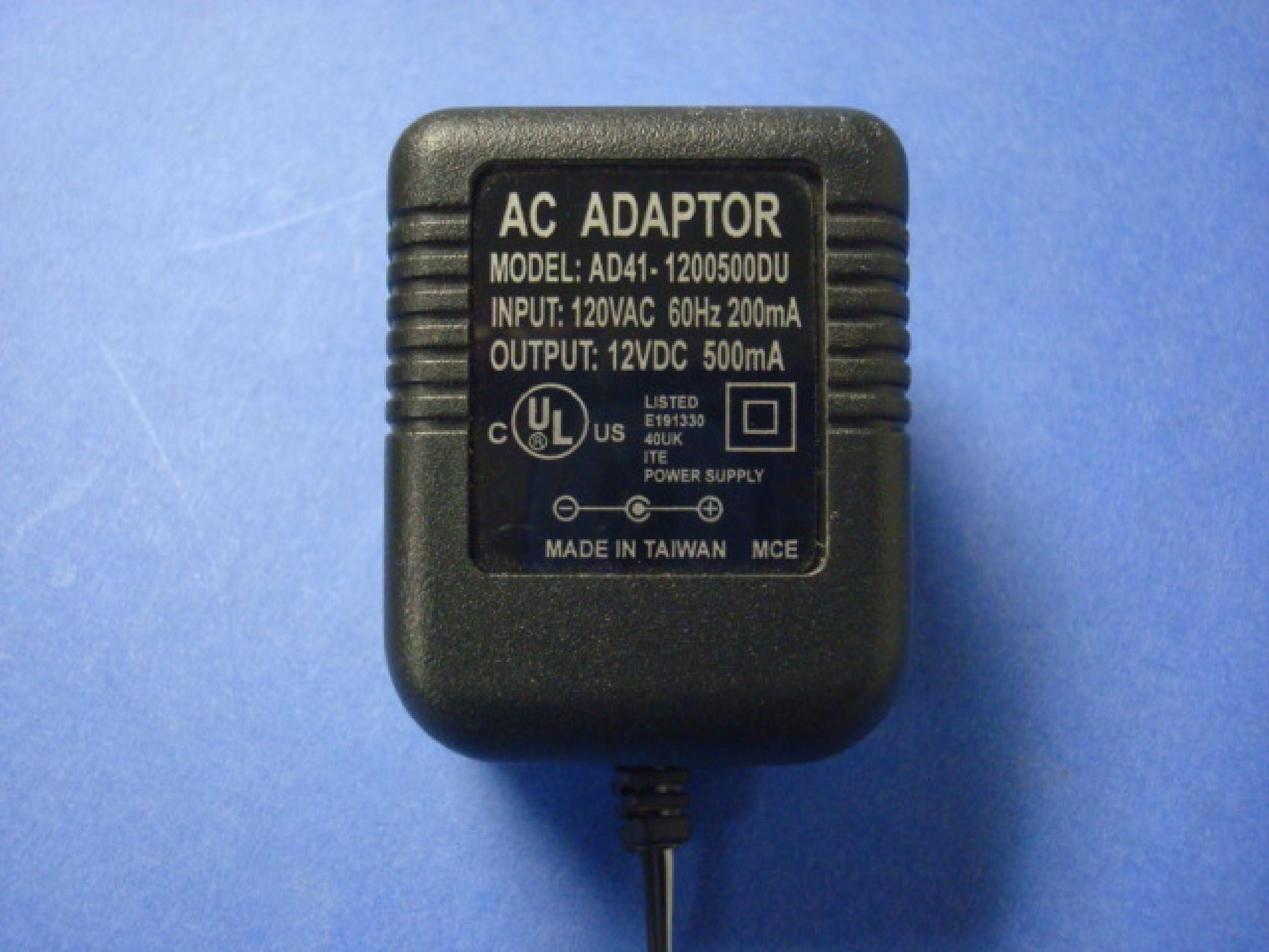 GENERIC AD41-1200500DU AC ADAPTER 12VDC 500MA ID:2.00MM OD:5.45MM 6FT CABLE WITH BARREL CONNECTOR