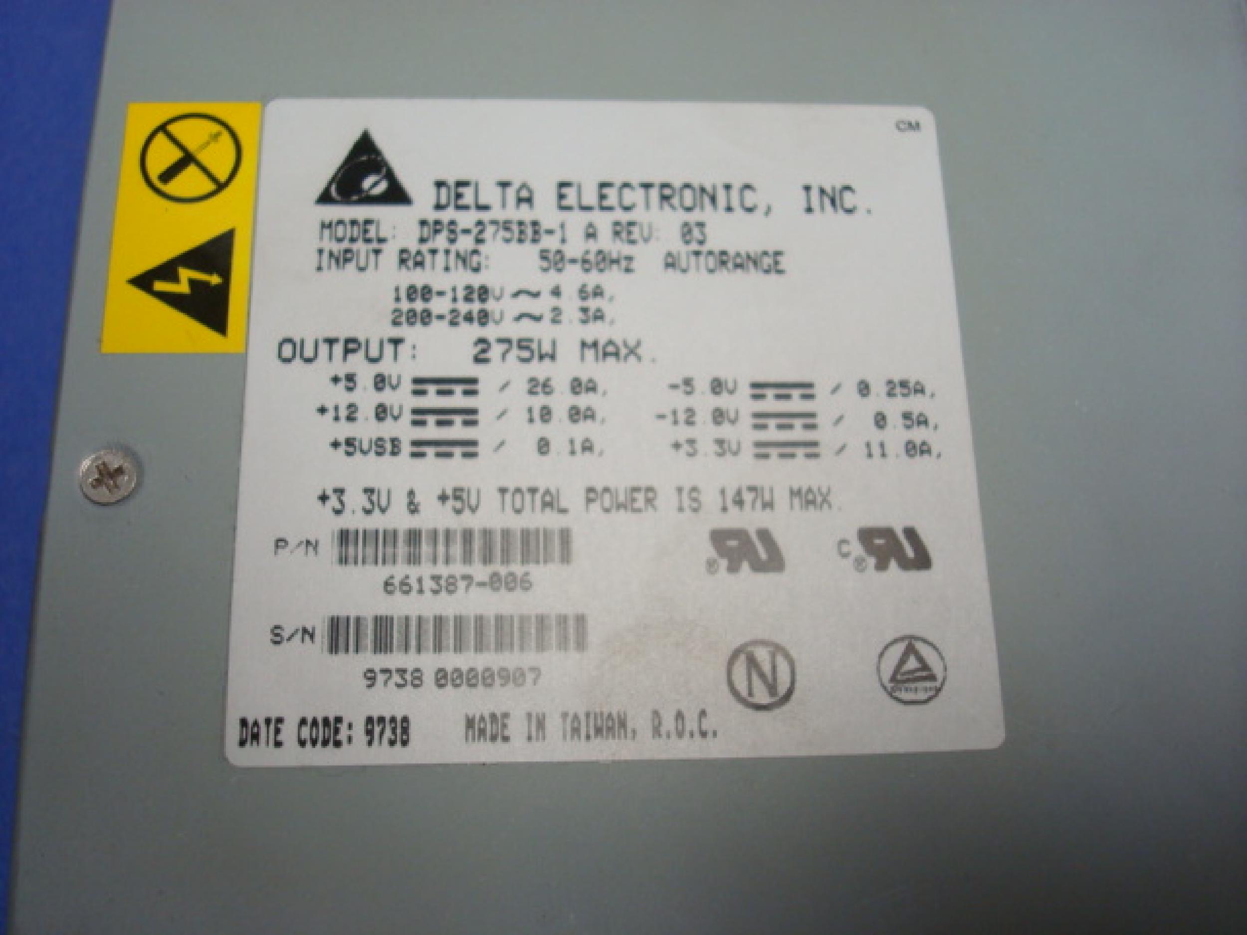 DELTA ELECTRONICS DPS-275BB-1 POWER SUPPLY ATX WITH P10 DUAL ROW 14 PIN IDC