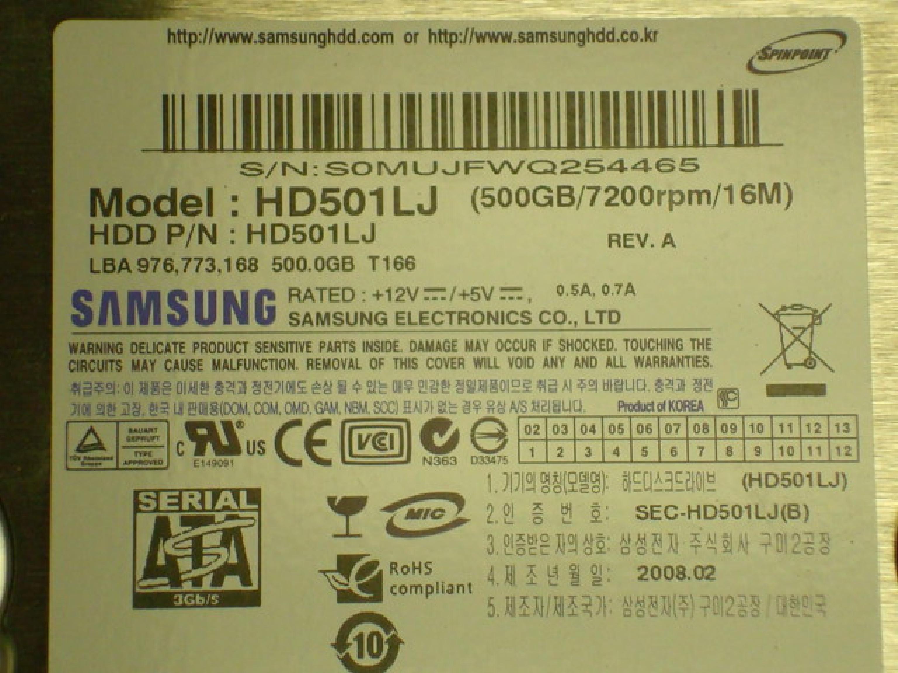 SAMSUNG 401413C0294801 500GB SATA DRIVE 7200RPM 3GB/SEC LBA 976,773,168 (FIRMWARE CR100-12)