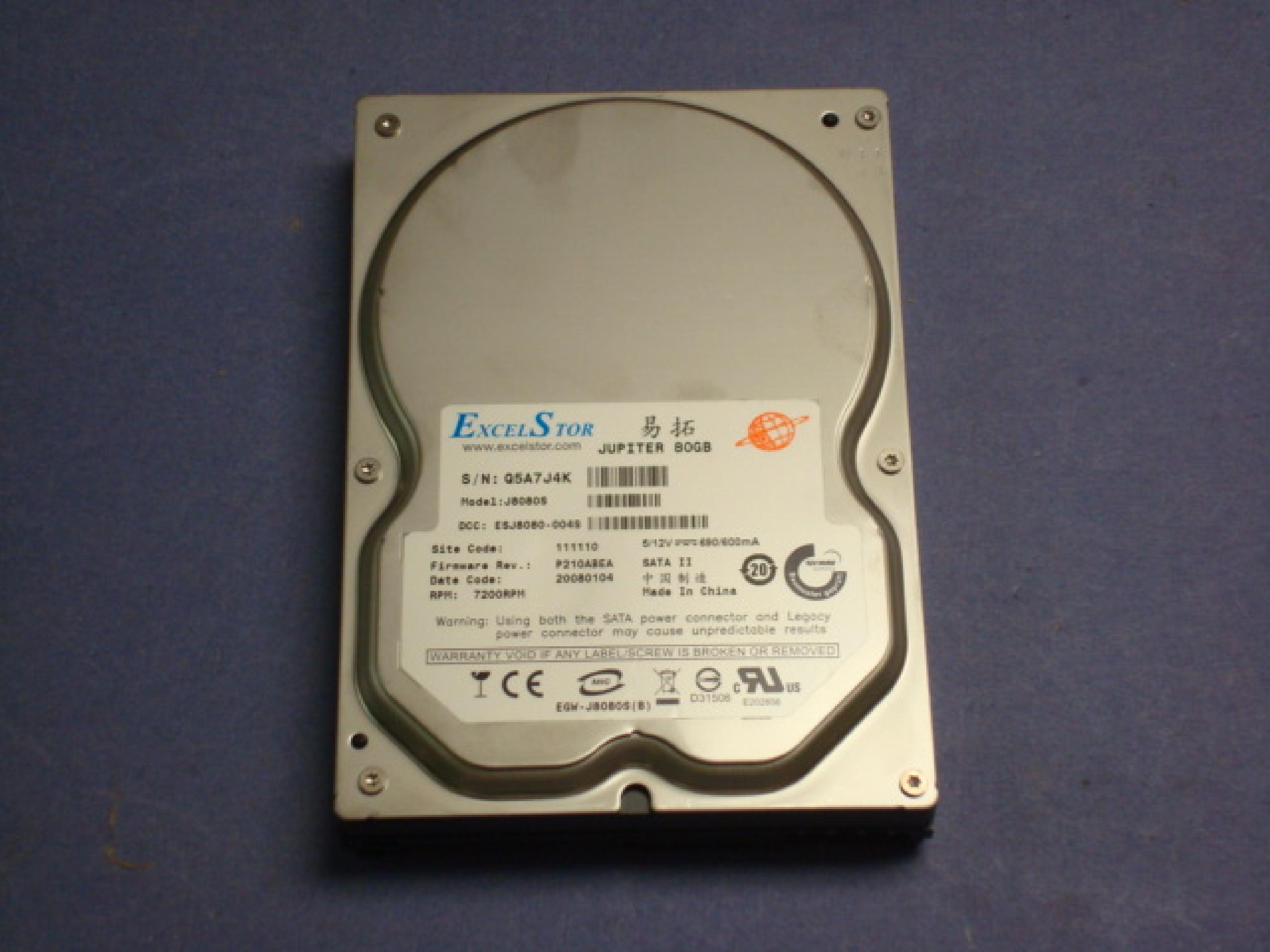 EXCELSTOR J8080S 80GB SATA II DRIVE 300MB/SEC DCC: ESJ8080-004S SITE 111110 FIRMWARE P210ABEA DATE 20080104