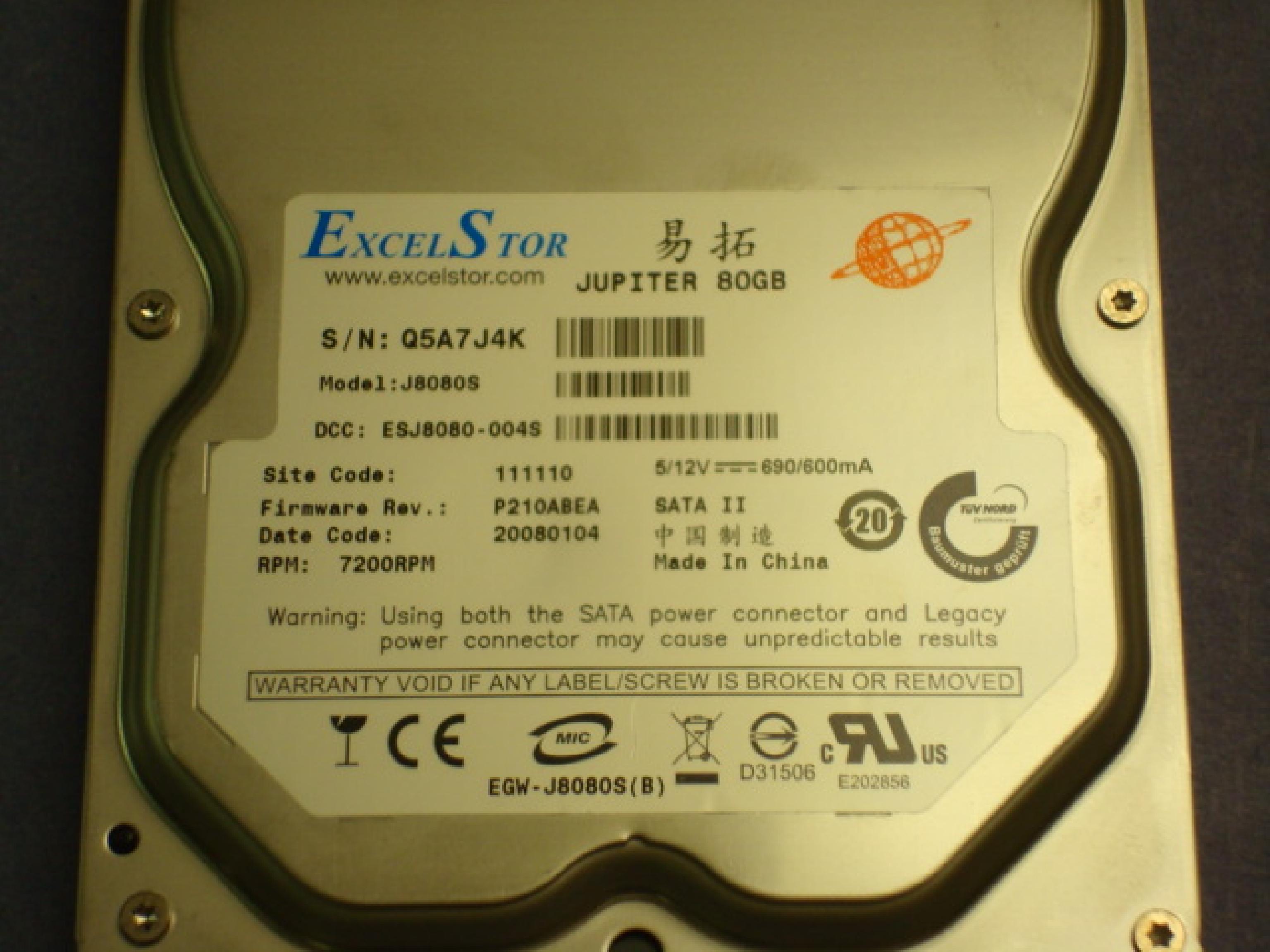 EXCELSTOR J8080S 80GB SATA II DRIVE 300MB/SEC DCC: ESJ8080-004S SITE 111110 FIRMWARE P210ABEA DATE 20080104